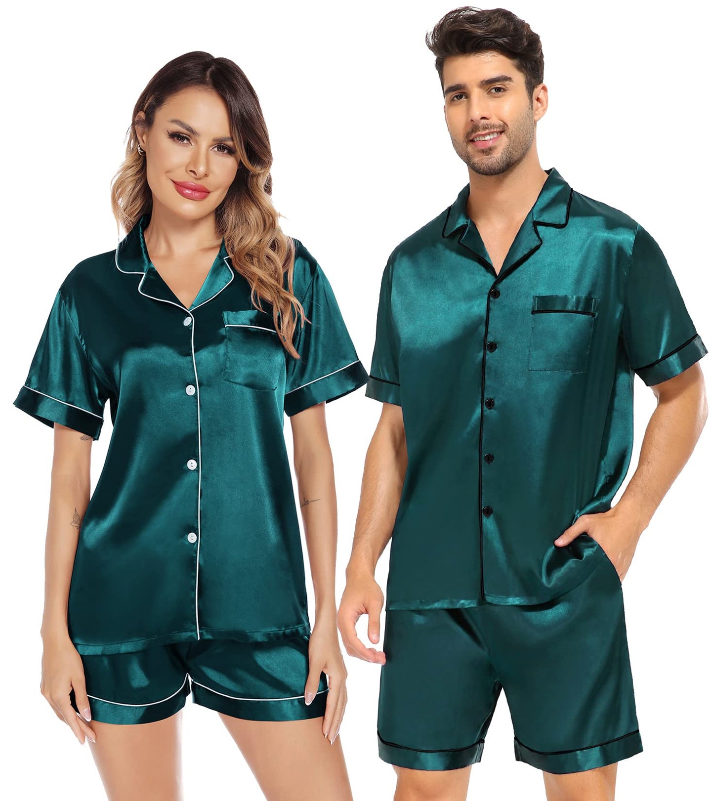 SWOMOG Satin Matching Pajamas Sets Couple Silk Button Down Nightwear Short Sleeve Sleepwear 2 Pieces Loungewear with Shorts