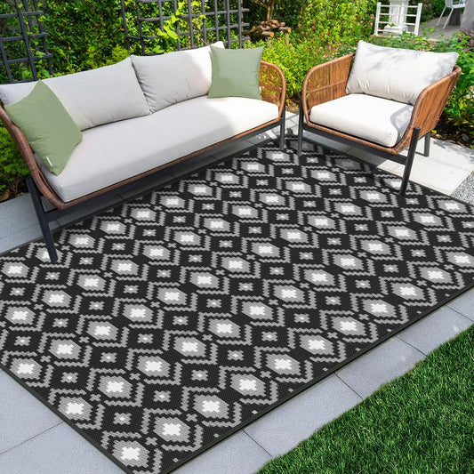 Outdoor Rug, 5x8ft Outdoor Plastic Straw Rug, Reversible Outdoor Mats, Area Rug Decor, Waterproof, Portable, Camping Mat and Rug for Indoor, Outdoors, RV, Patio, Outside, Black and White