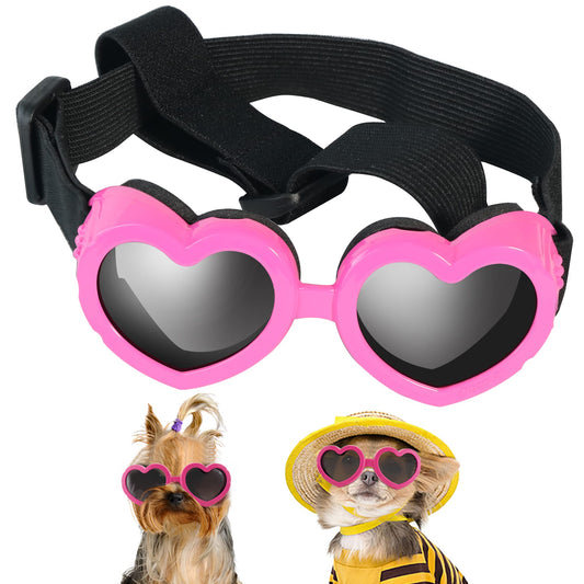 Dog Sunglasses Small Breed,UV Protection Dog Sunglasses with Adjustable Strap, Heart Dog Goggles for Waterproof Windproof Anti-Fog Eye Protection,Beach Accessories for Puppy (Pink)