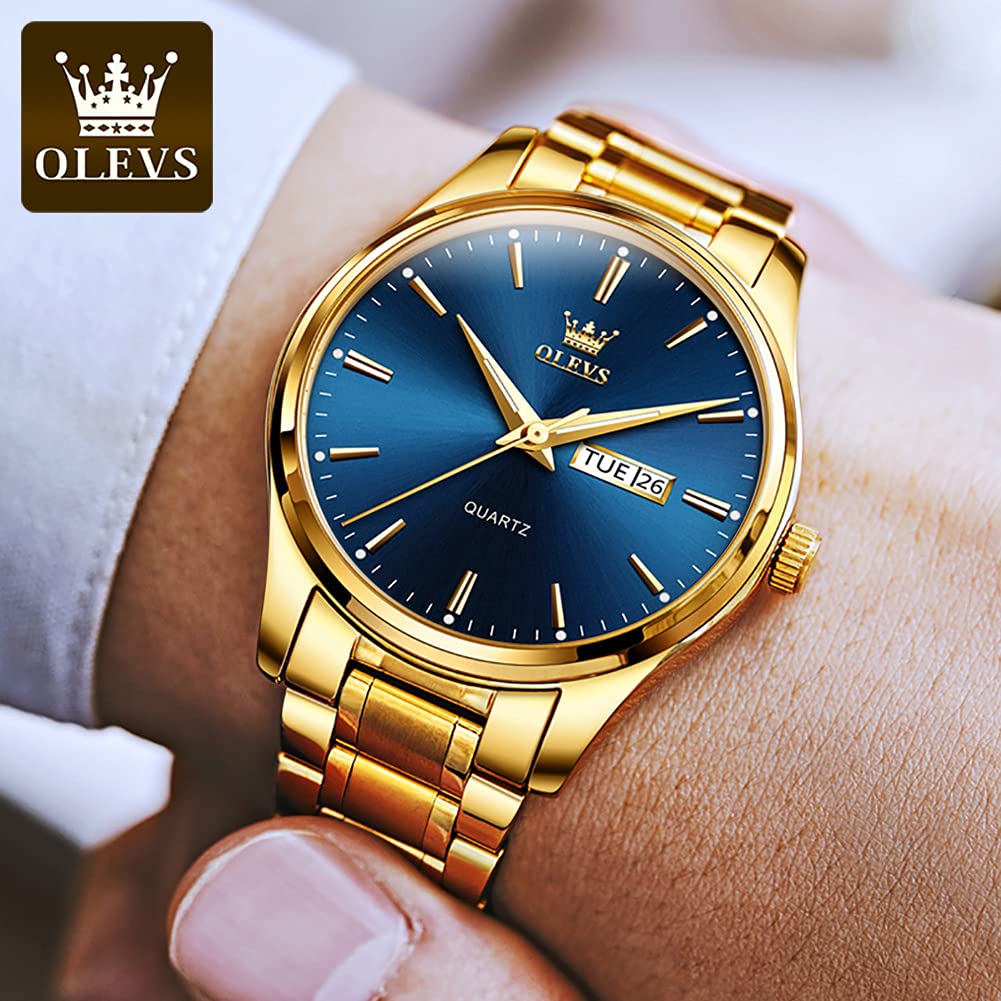 OLEVS Classic Men Watches with Date,Stainless Steel Man Watch with Date, Bussiness Watches for Men,Luminous Quartz Mens Watches Black/White/Blue/Gold, Waterproof Male Watch with Week