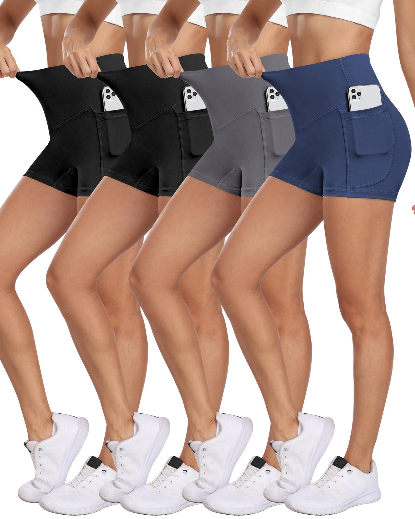 NORMOV 4 Packs Spandex Yoga Shorts Women with Pockets, 3'' High Waisted Tummy Control Booty Shorts