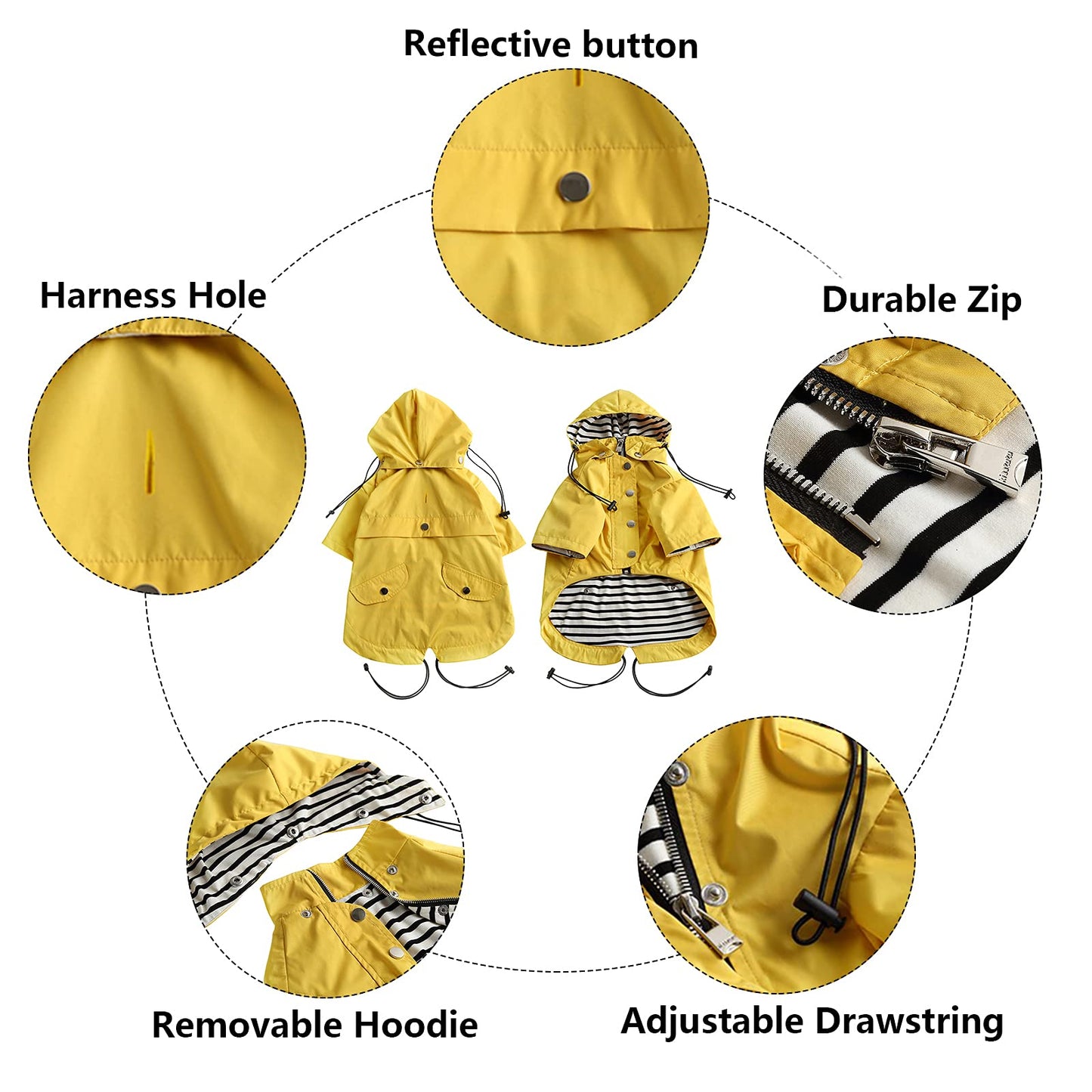 Dog Zip Up Dog Raincoat with Reflective Buttons, Rain/Water Resistant, Adjustable Drawstring, Removable Hood, Dog Raincoats with Legs 8lbs to 80lbs Available Yellow M