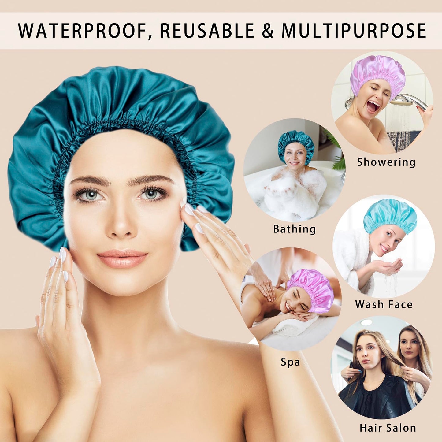 Shower Caps for Women, 4 PCS Elastic and Reusable Bath Caps, Double Waterproof Layers Shower Cap, Bathing Shower Caps, Environmental Protection Hair Bath Hat - Solid Color