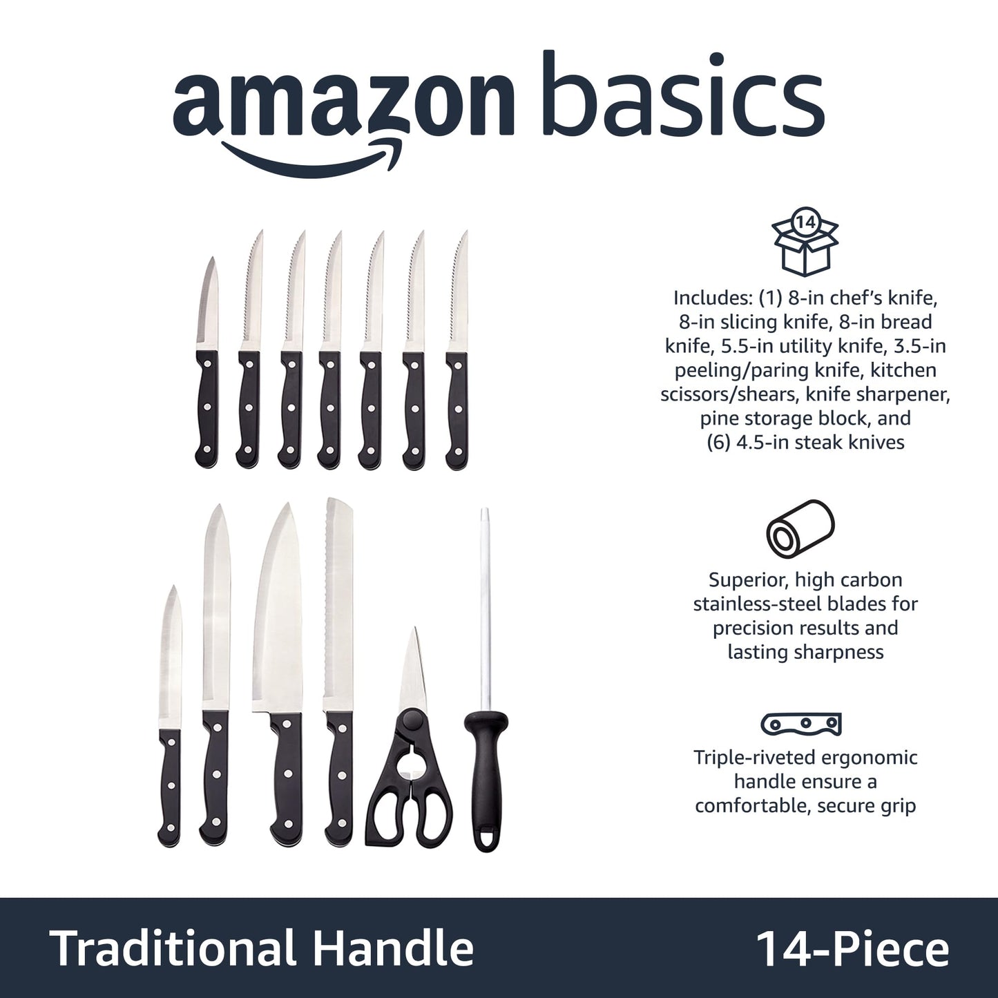 Amazon Basics 14-Piece Kitchen Knife Set with High-Carbon Stainless-Steel Blades and Pine Wood Block, Black