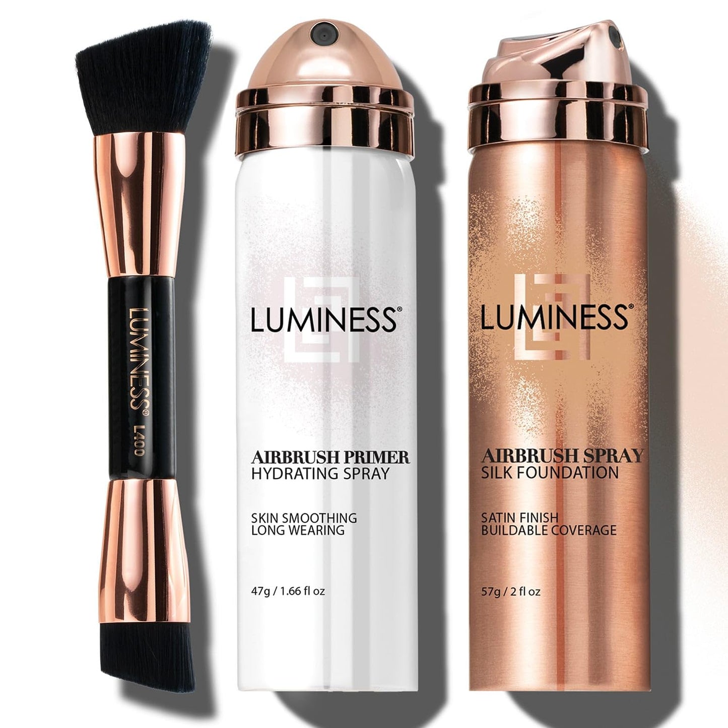 LUMINESS Airbrush Spray Silk Foundation Starter Kit - Medium Dark - Foundation, Primer & Dual-Sided Angled Buffing Brush - Medium, Buildable Coverage, Anti-Aging Formula Hydrates & Moisturizes