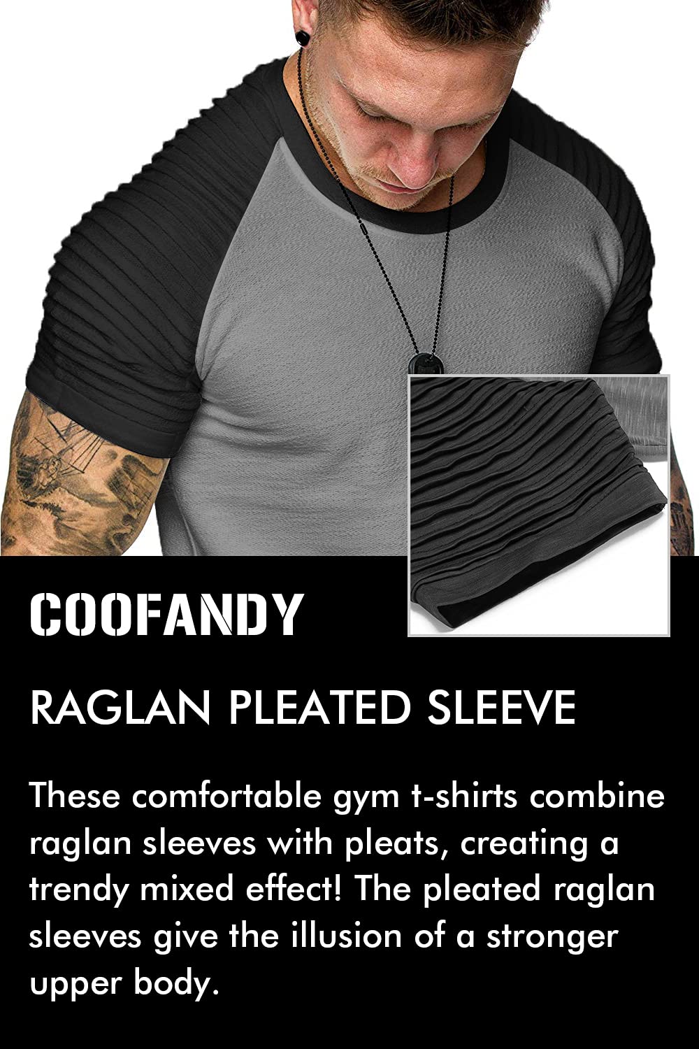 COOFANDY Men's Muscle T-Shirt Pleated Raglan Sleeve Bodybuilding Gym Tee Short Sleeve Fashion Workout Shirts Hipster Shirt