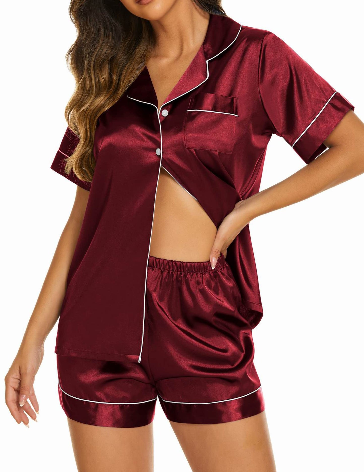 Ekouaer Silk Pajamas for Women Short Sleeve Sleep Top with Shorts Satin Soft Pjs Set Bridesmaid Gifts Burgundy,M