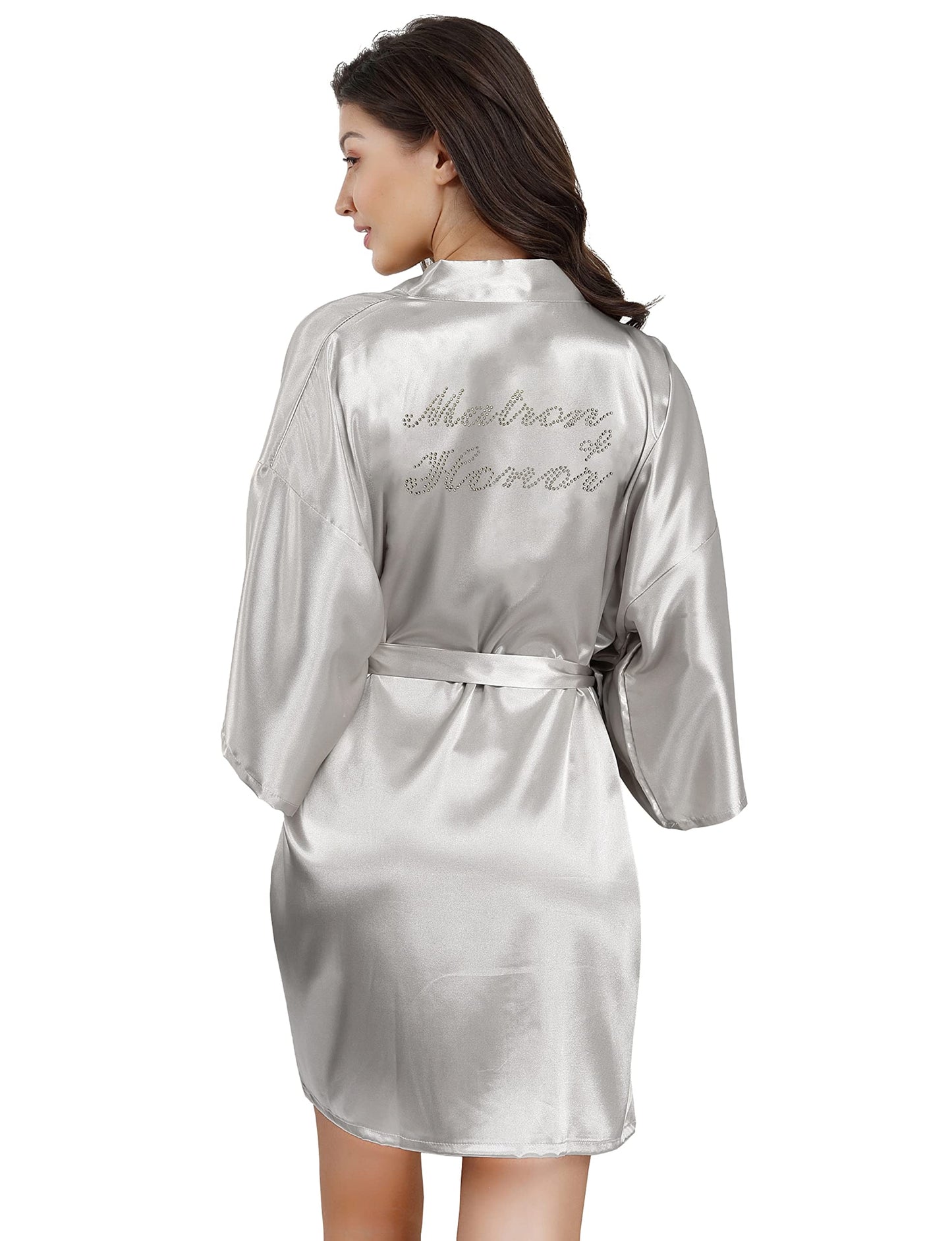 EPLAZA Women's One Size Silver Rhinestones Bride Bridesmaid Short Satin Robes for Wedding Party Getting Ready