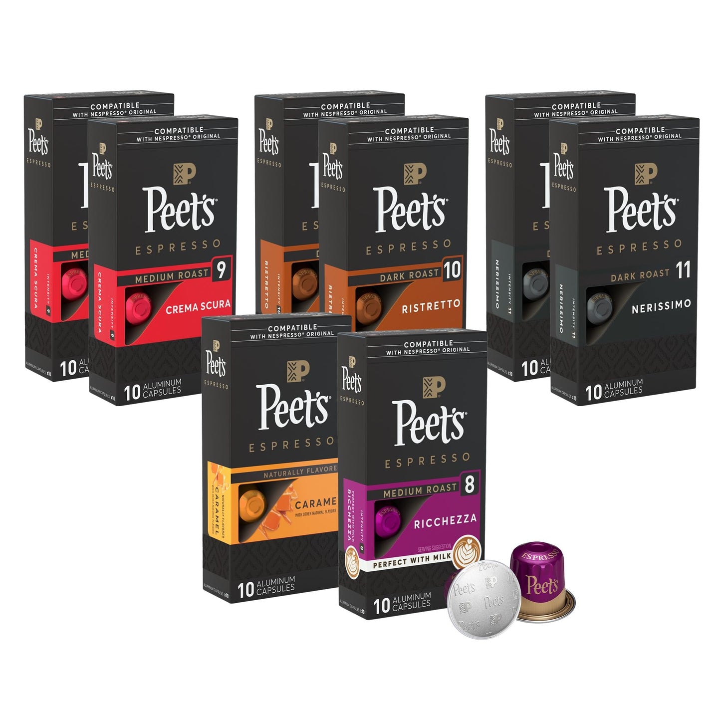 Peet's Coffee Gifts, Espresso Coffee Pods Variety Pack, Dark & Medium Roasts, Intensity 8-11, 40 Count (4 Boxes of 10 Espresso Capsules)