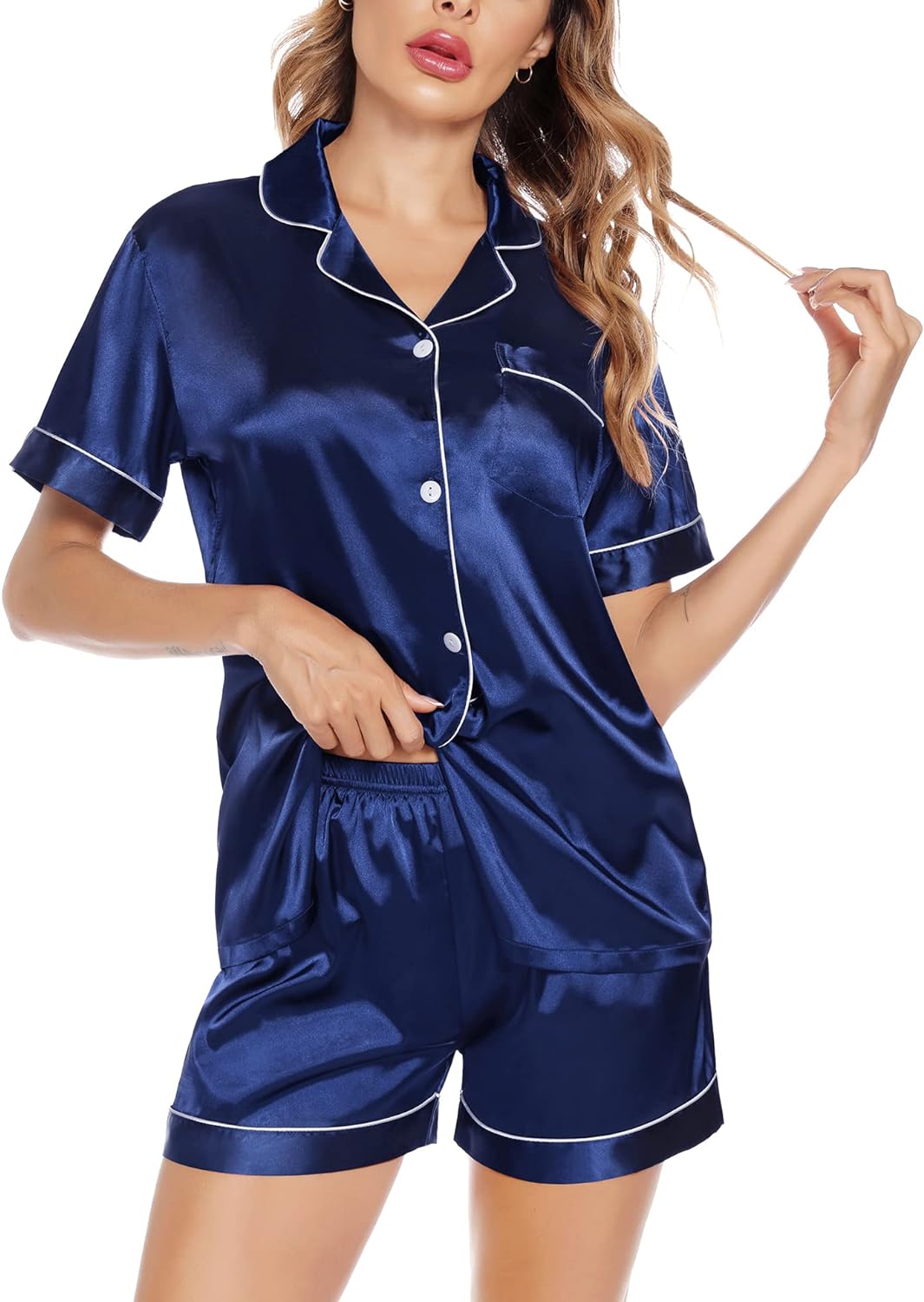 SWOMOG Satin Matching Pajamas Sets Couple Silk Button Down Nightwear Short Sleeve Sleepwear 2 Pieces Loungewear with Shorts