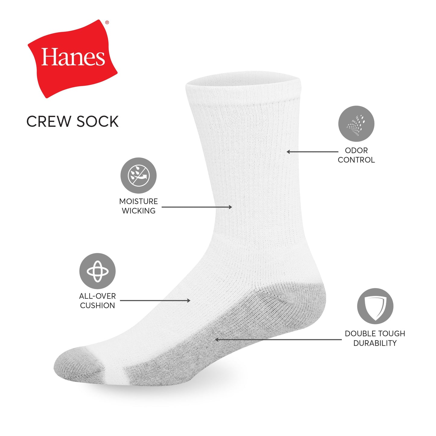 Hanes Men's Double Tough Crew Socks, 12-Pair Pack