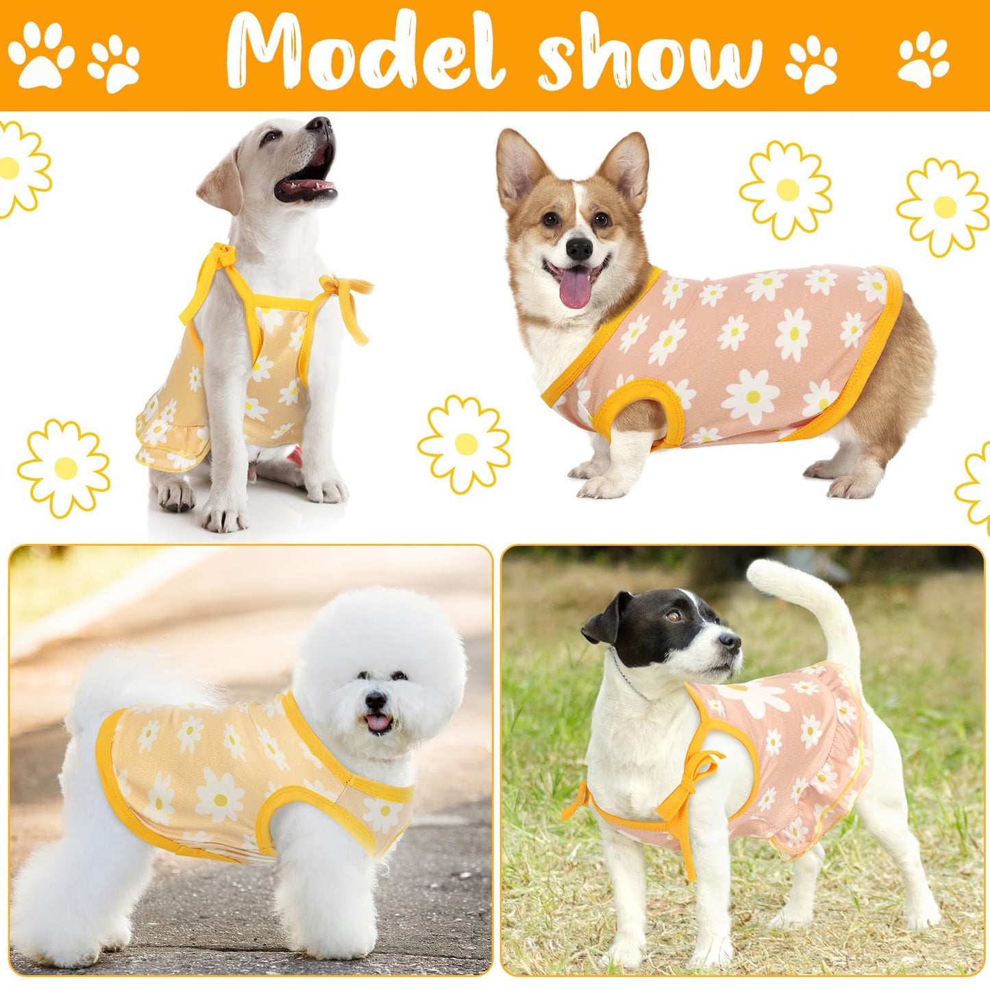 4 Pieces Pet Clothes Set Include 2 Pieces Cute Pet Dress Lovely Fruit Dog Dress and 2 Pieces Dog Shirt Breathable Pet T-Shirt Puppy Clothes for Pet (Pineapple, Sunflower,Medium)