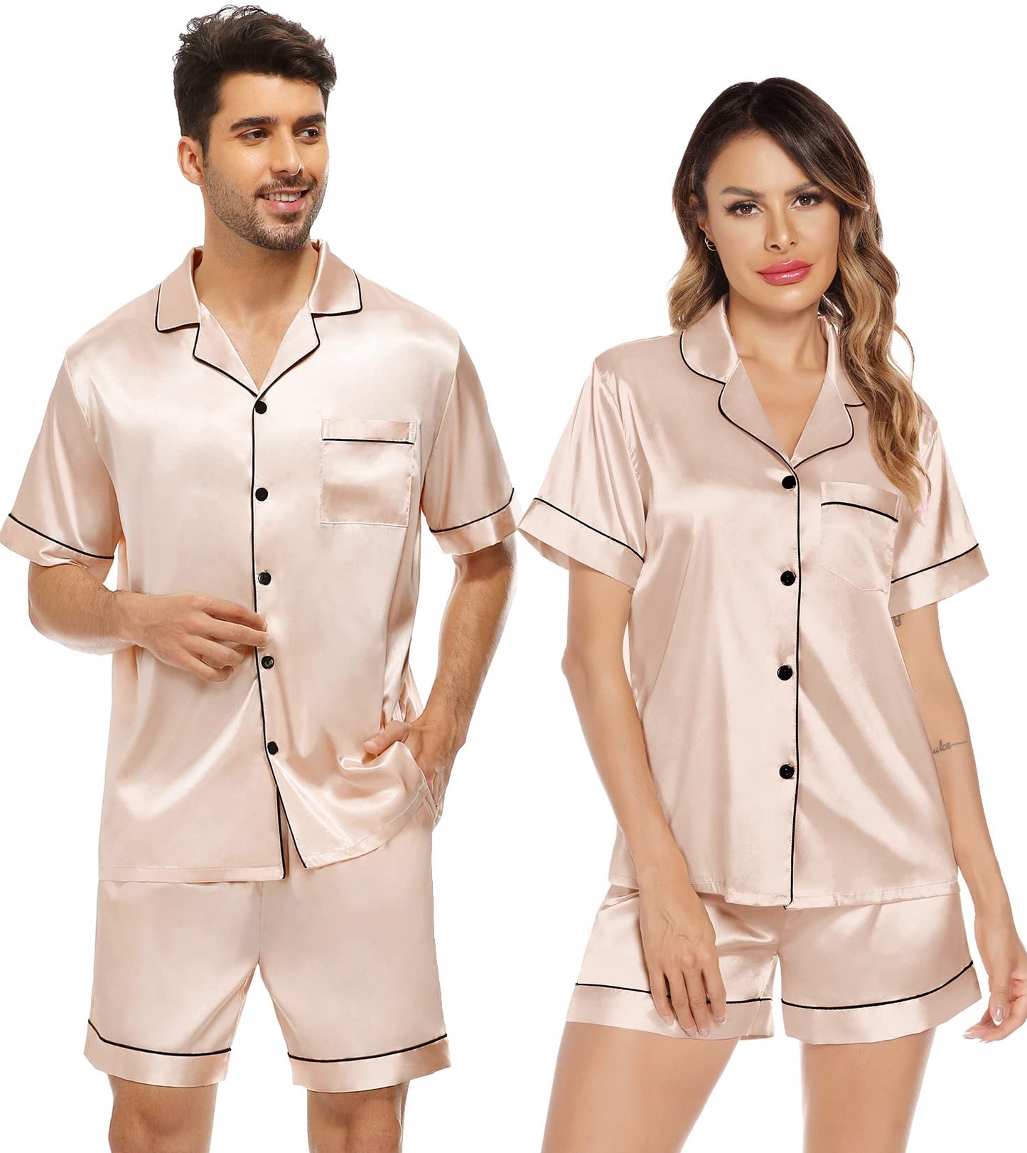 SWOMOG Satin Matching Pajamas Sets Couple Silk Button Down Nightwear Short Sleeve Sleepwear 2 Pieces Loungewear with Shorts