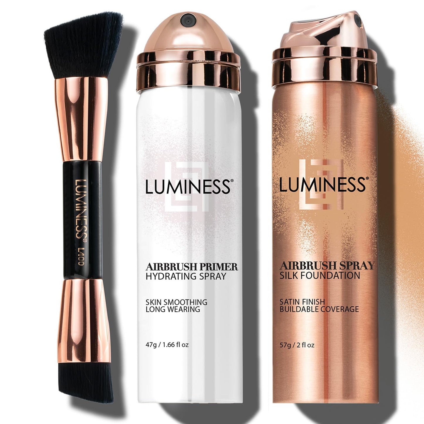 LUMINESS Airbrush Spray Silk Foundation Starter Kit - Medium Dark - Foundation, Primer & Dual-Sided Angled Buffing Brush - Medium, Buildable Coverage, Anti-Aging Formula Hydrates & Moisturizes