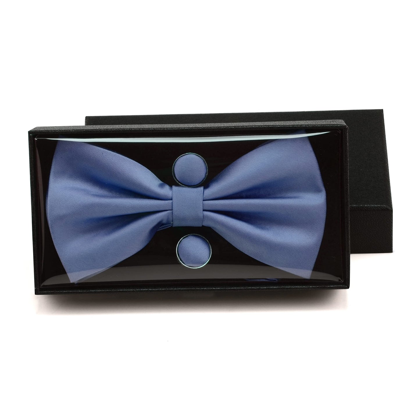 GUSLESON Mens Solid Color Double Fold Pre-tied Bow Tie and Pocket Square Cufflink Set with Gift Box