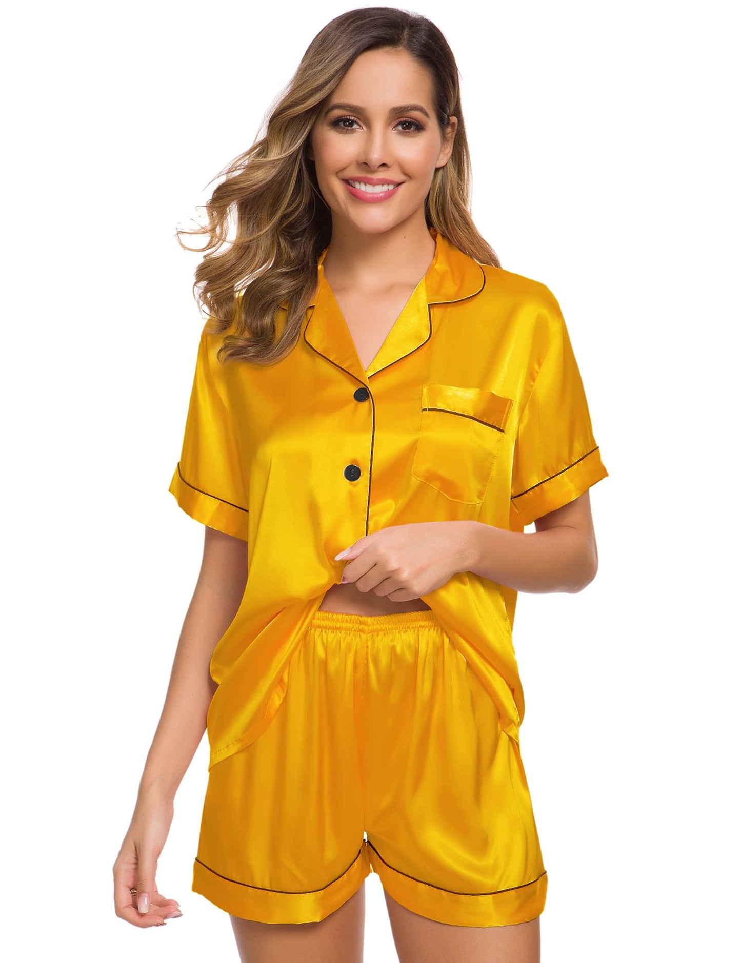 SWOMOG Womens Silk Satin Pajamas Set Two-piece Pj Sets Sleepwear Loungewear Button-Down Pj Sets