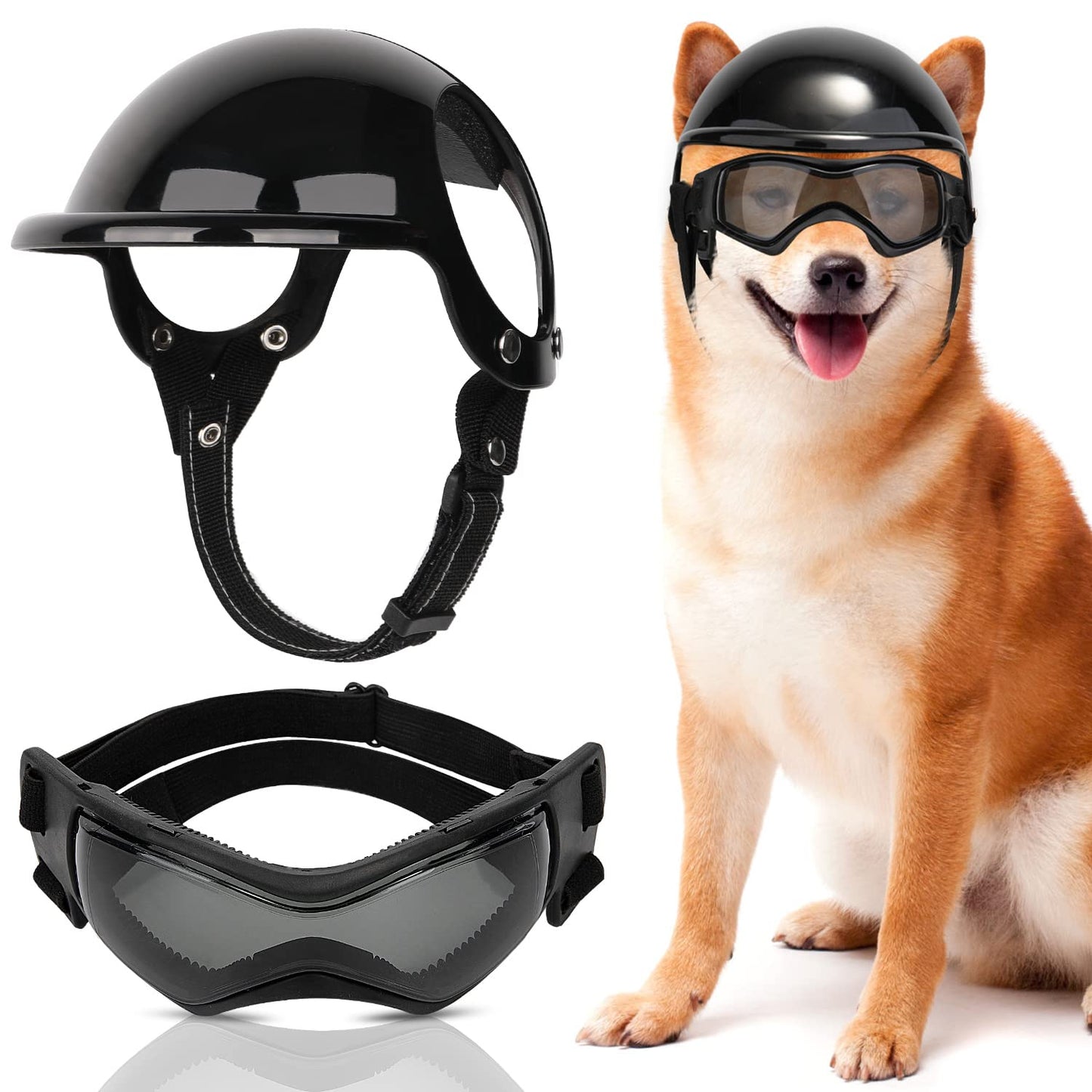 SlowTon Dog Helmet and Goggles - UV Protection Doggy Sunglasses Dog Glasses Pet Motorcycle Helmet Hat with Ear Holes Adjustable Belt Safety Hat for Small Medium Large Dogs Puppy Riding (Black, S)