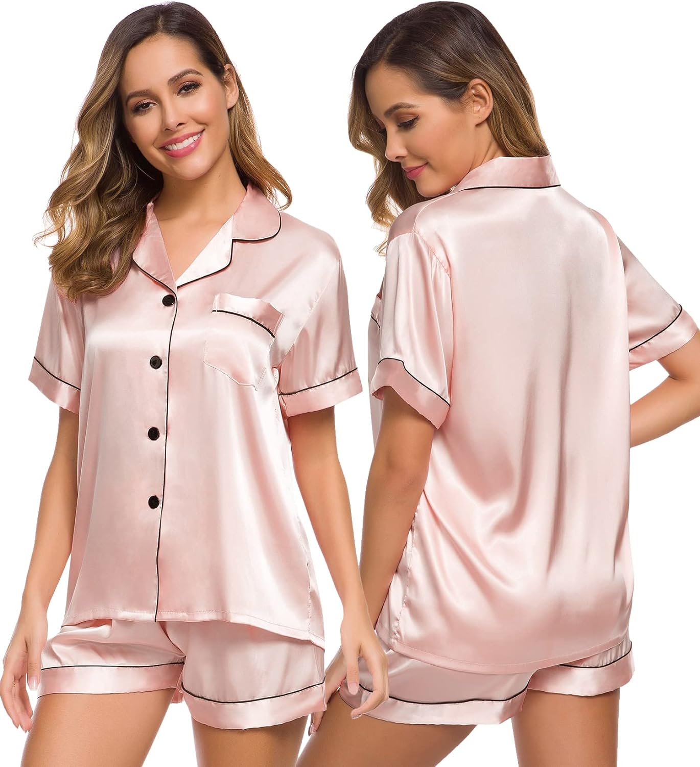 SWOMOG Womens Silk Satin Pajamas Set Two-piece Pj Sets Sleepwear Loungewear Button-Down Pj Sets