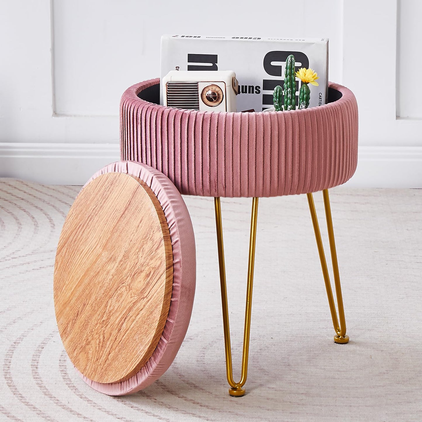 Cpintltr Velvet Foot Rest Stool Multipurpose Dressing Stools Upholstered Round Storage Ottoman Modern Soft Vanity Chair with Memory Foam Seat Pink