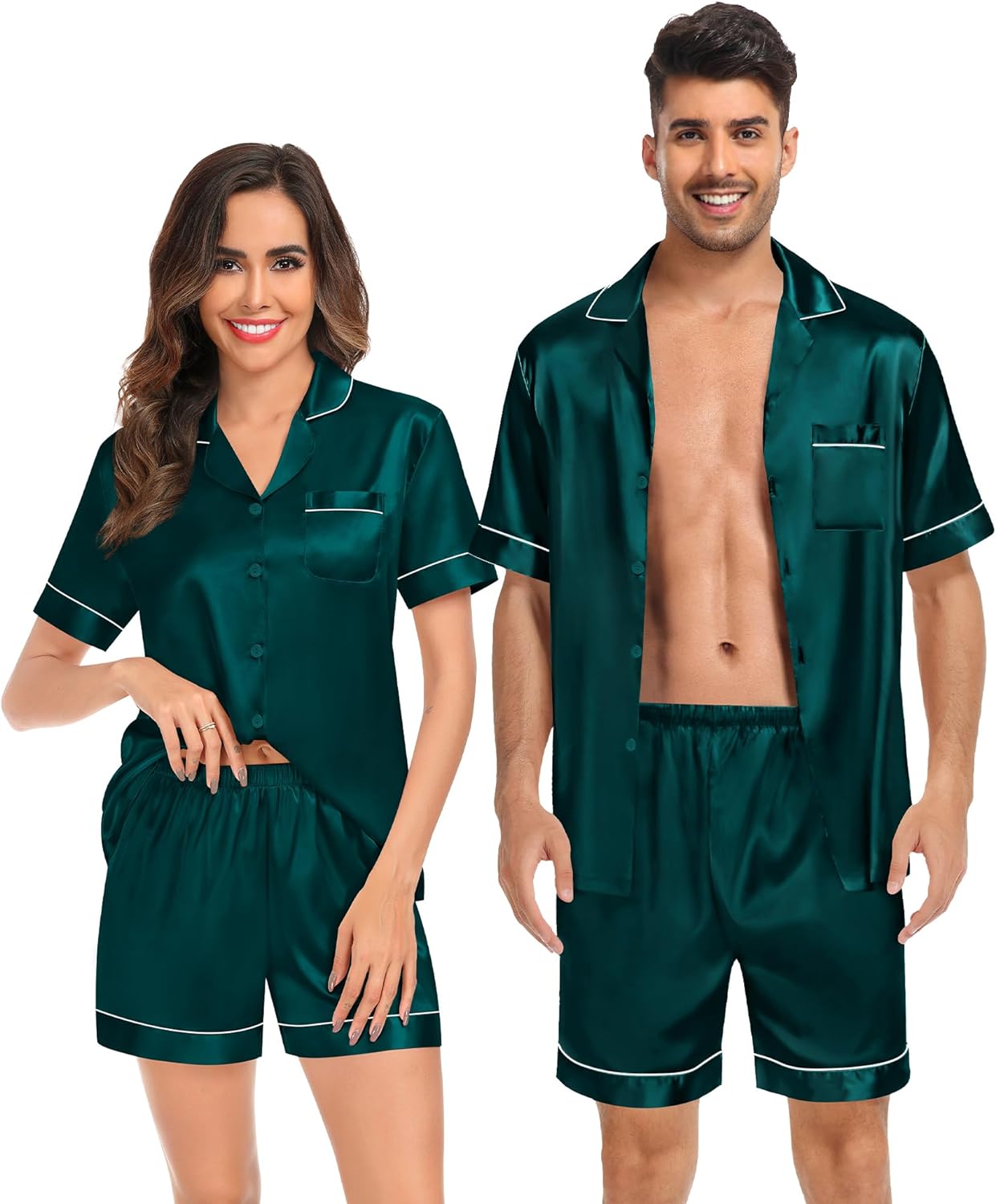 SWOMOG Couples Matching Pajamas Set Satin Short Sleeve Button Down Tops Silk Shorts Pj Lounge Set Soft Sleepwear