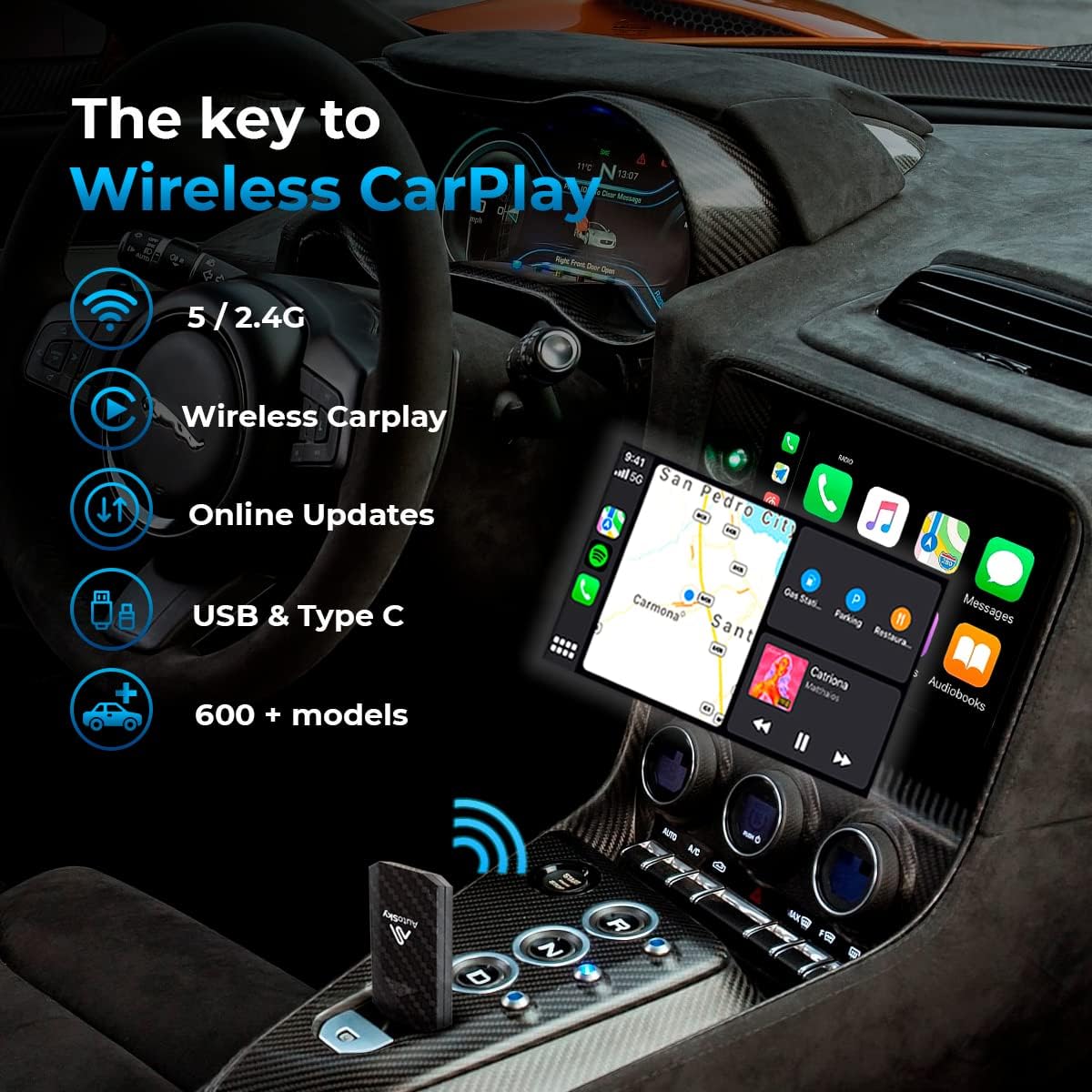 Wireless CarPlay Adapter 2023 Pro Slim Edition - Smallest Newest and Fastest Wireless CarPlay Adapter - AutoSky - Factory Wired CarPlay Cars – USB-A and USB-C Cables – Wired CarPlay Required