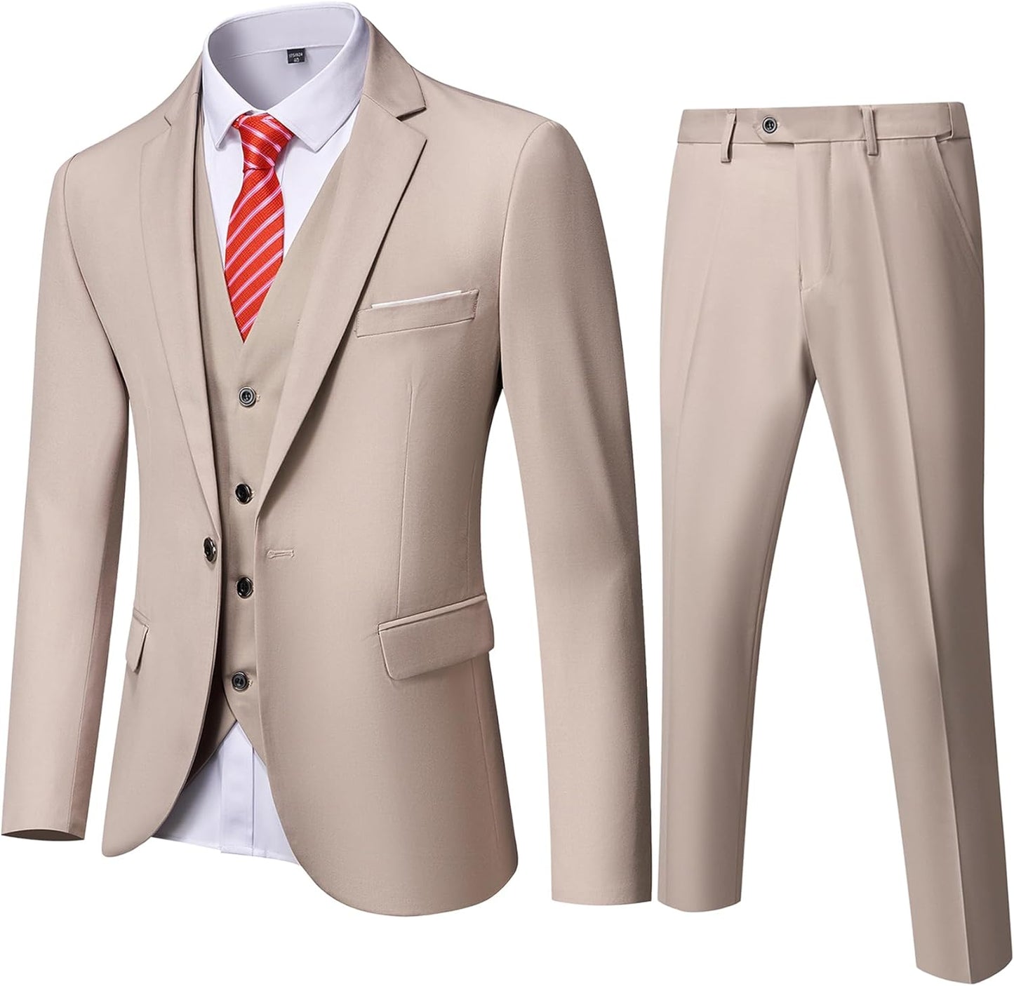 YND Men's Slim Fit 3 Piece Suit, One Button Solid Jacket Vest Pants Set with Tie