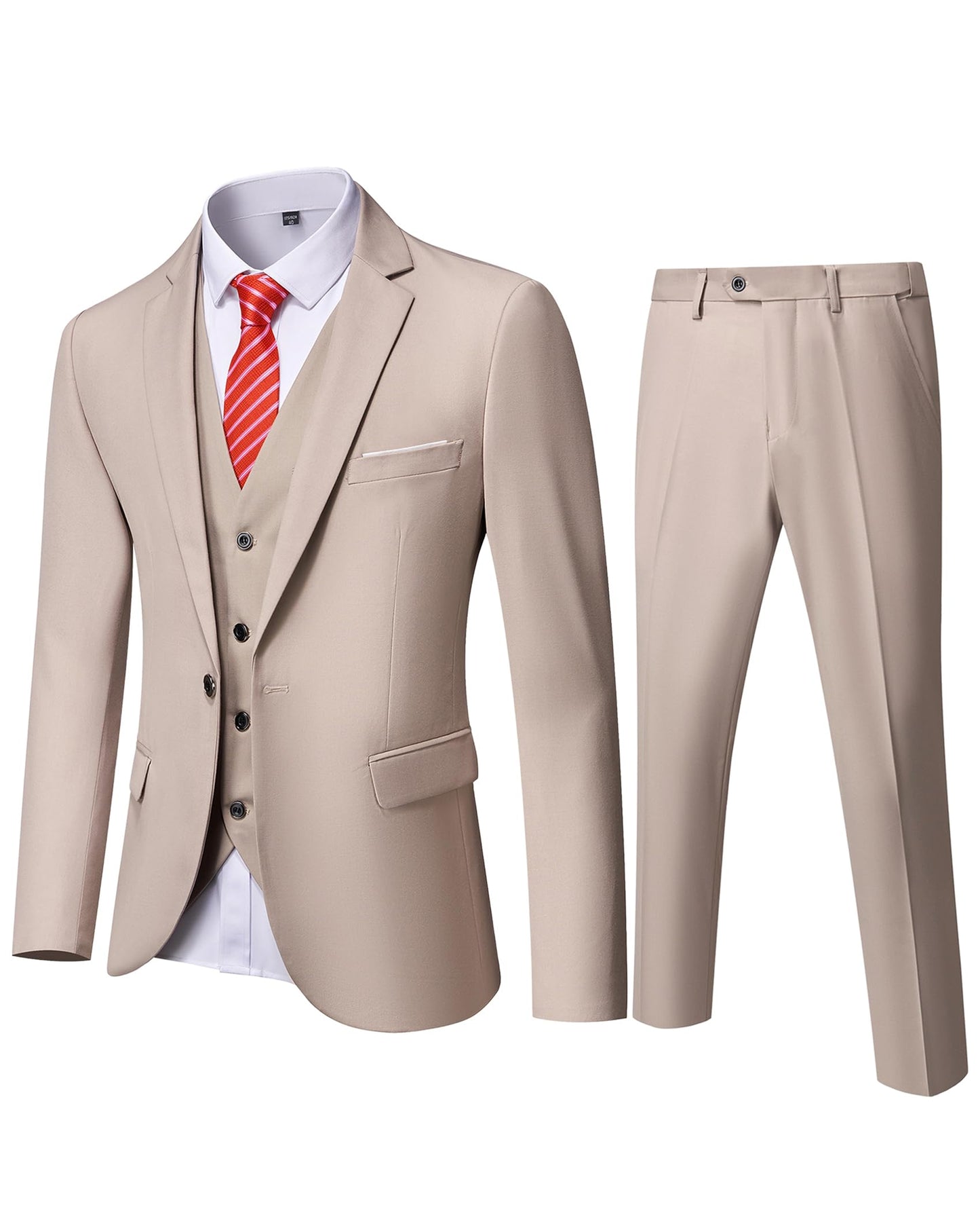 YND Men's Slim Fit 3 Piece Suit, One Button Solid Jacket Vest Pants Set with Tie