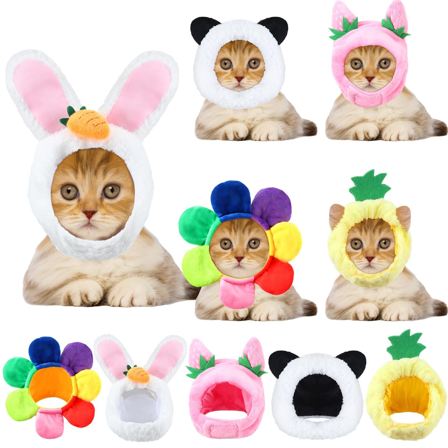 5 Pcs Cat Hat Adorable Costume Bunny Hat with Ears Funny Mane Hat for Cats and Small Dogs Kitten Puppy Party Costume Accessory Headwear (Lion, Frog, Rabbit, Sunflower, Banana)