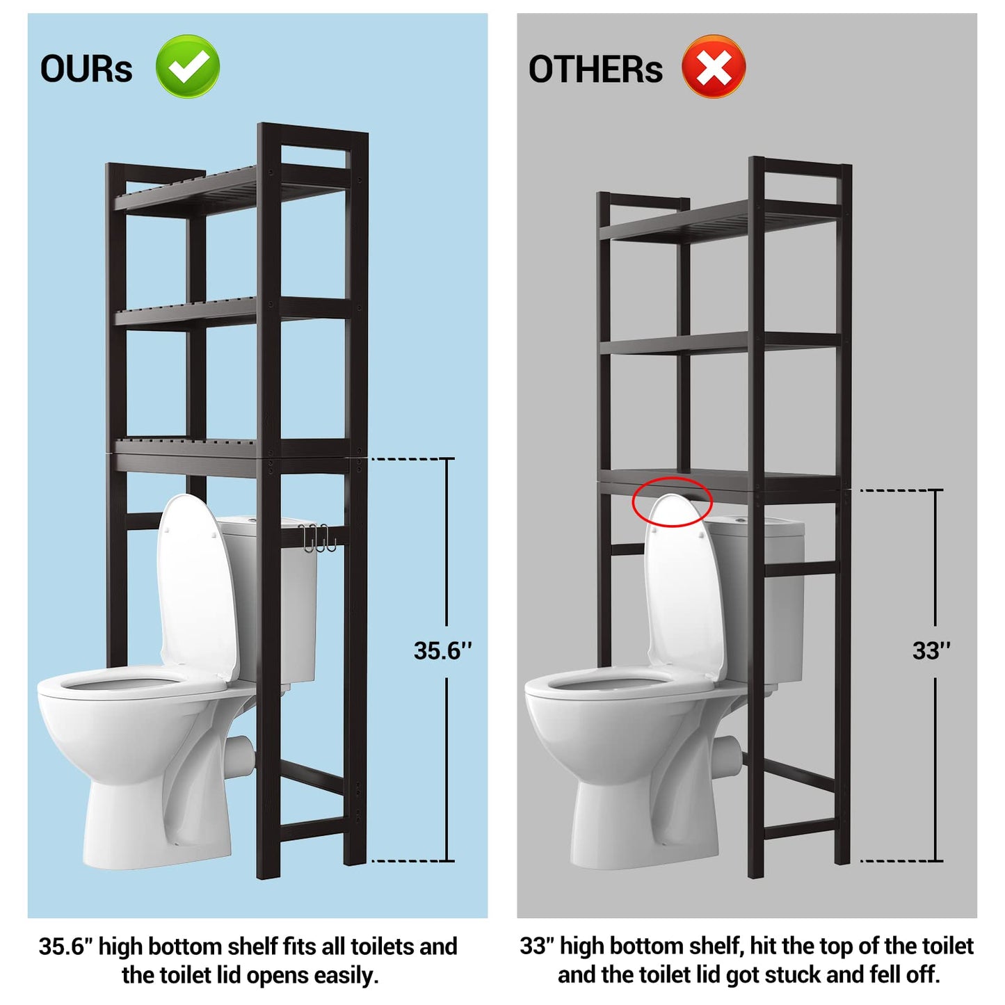 Homykic Over The Toilet Storage, Bamboo 3-Tier Over-The-Toilet Space Saver Organizer Rack, Stable Freestanding Above Toilet Stand with 3 Hooks for Bathroom, Restroom, Laundry, White