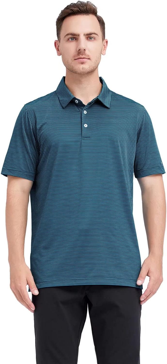 Men's Golf Polo Shirts Short Sleeve Striped Performance Moisture Wicking Dry Fit Golf Shirts for Men