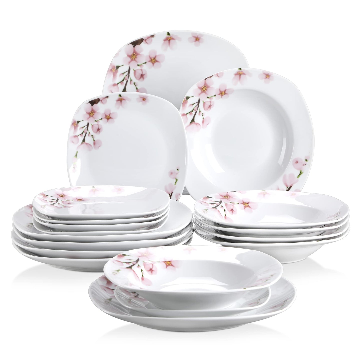 VEWEET, Series Annie, Porcelain Dinnerware Sets for 6, White Dish Set with Pink Floral, 30 PCS Dinner Sets Including Dinner Plates, Dessert Plates, Soup Plates Set, Cups & Saucers