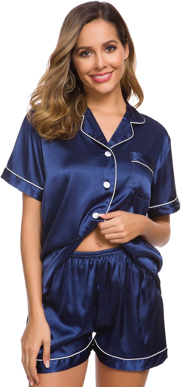 SWOMOG Womens Silk Satin Pajamas Set Two-piece Pj Sets Sleepwear Loungewear Button-Down Pj Sets