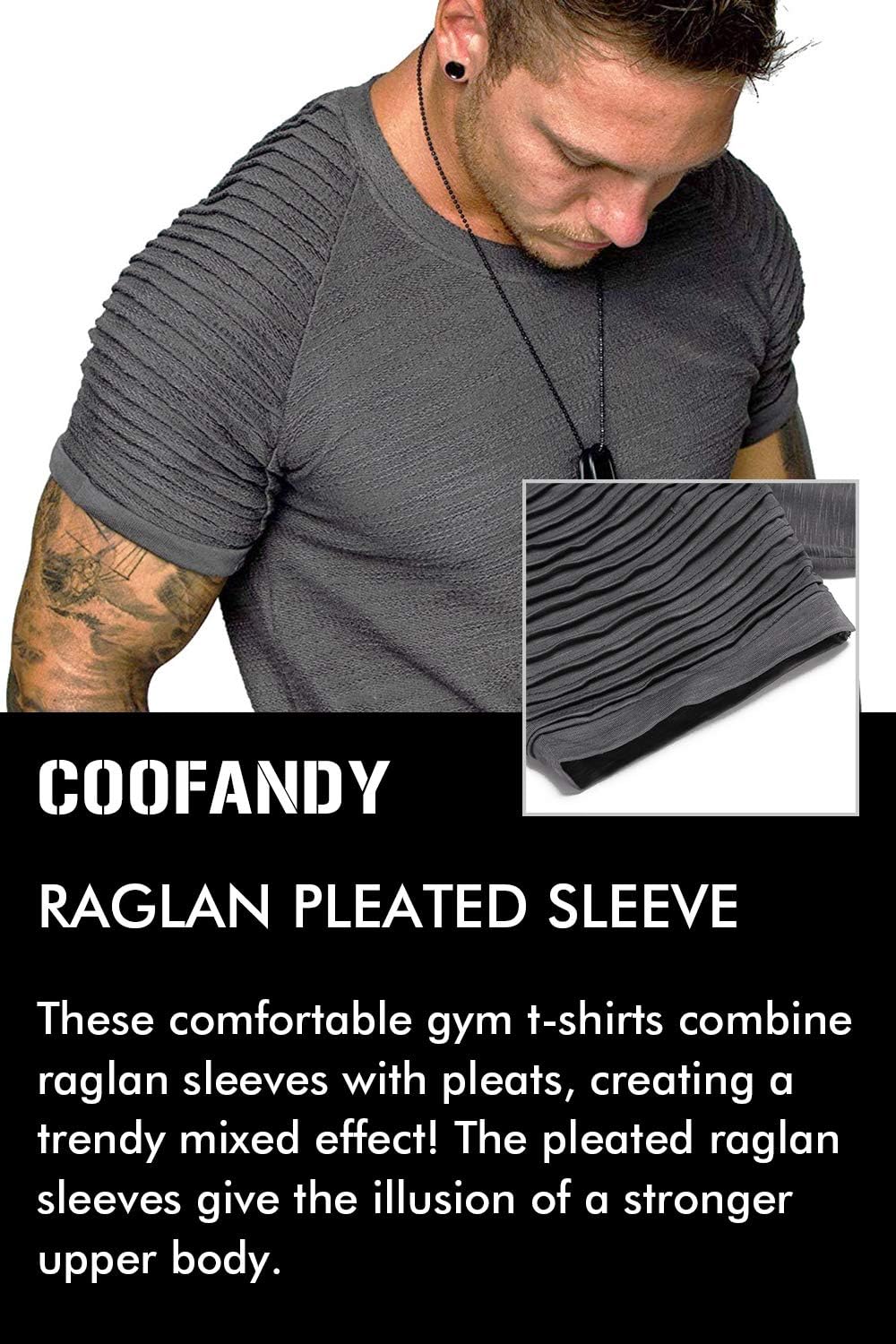 COOFANDY Men's Muscle T-Shirt Pleated Raglan Sleeve Bodybuilding Gym Tee Short Sleeve Fashion Workout Shirts Hipster Shirt