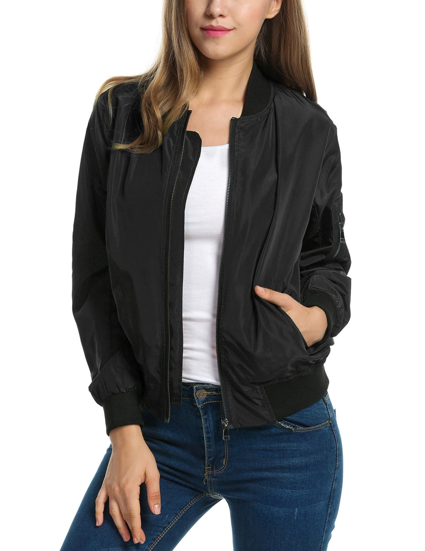 Zeagoo Women's Bomber Jacket Casual Coat Zip Up Outerwear Windbreaker with Pockets S-XXL