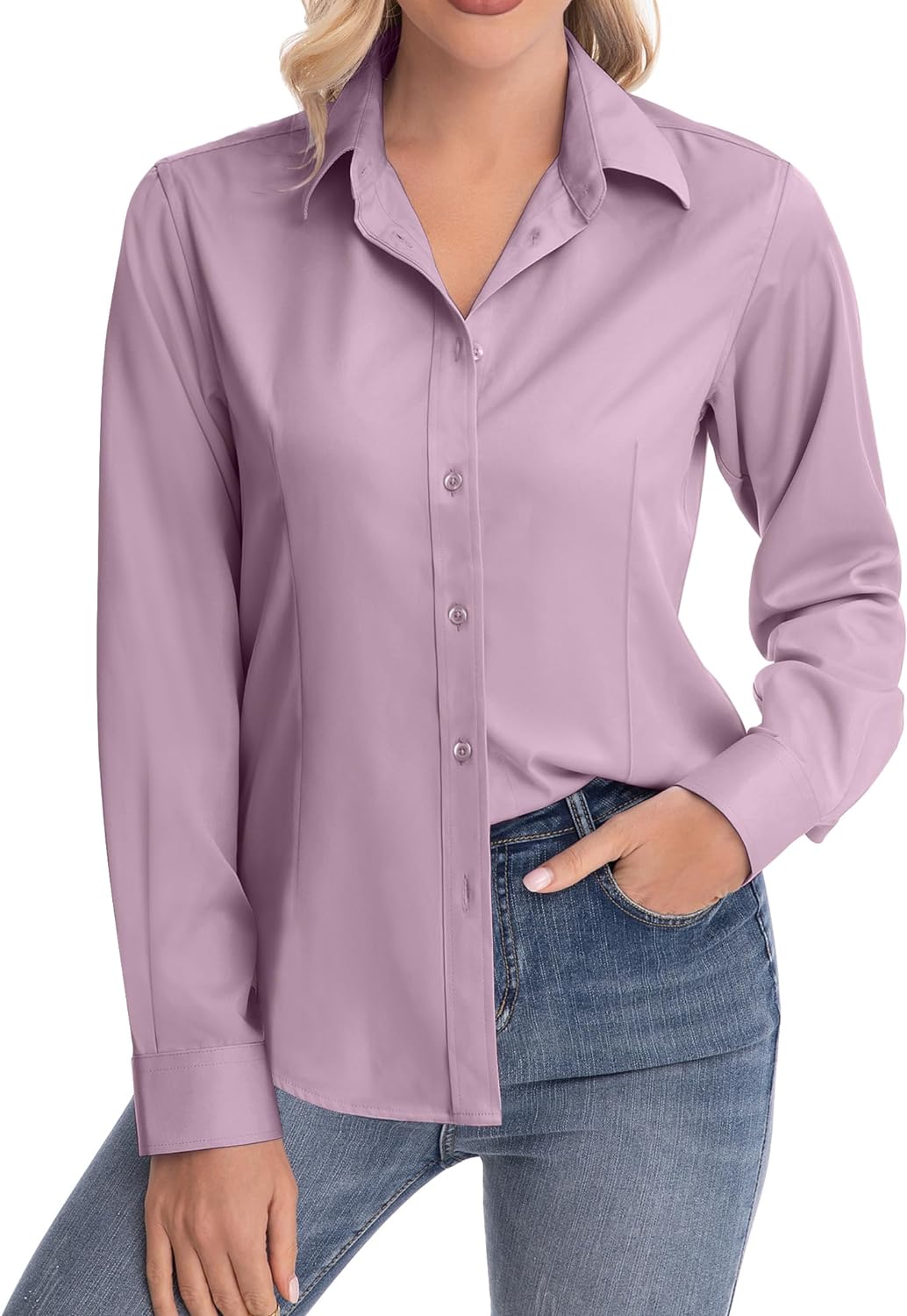 siliteelon Womens Classic-Fit Dress Shirts Long Sleeve Button Down Wrinkle-Free Stretch Solid Casual Work Office Blouse Top