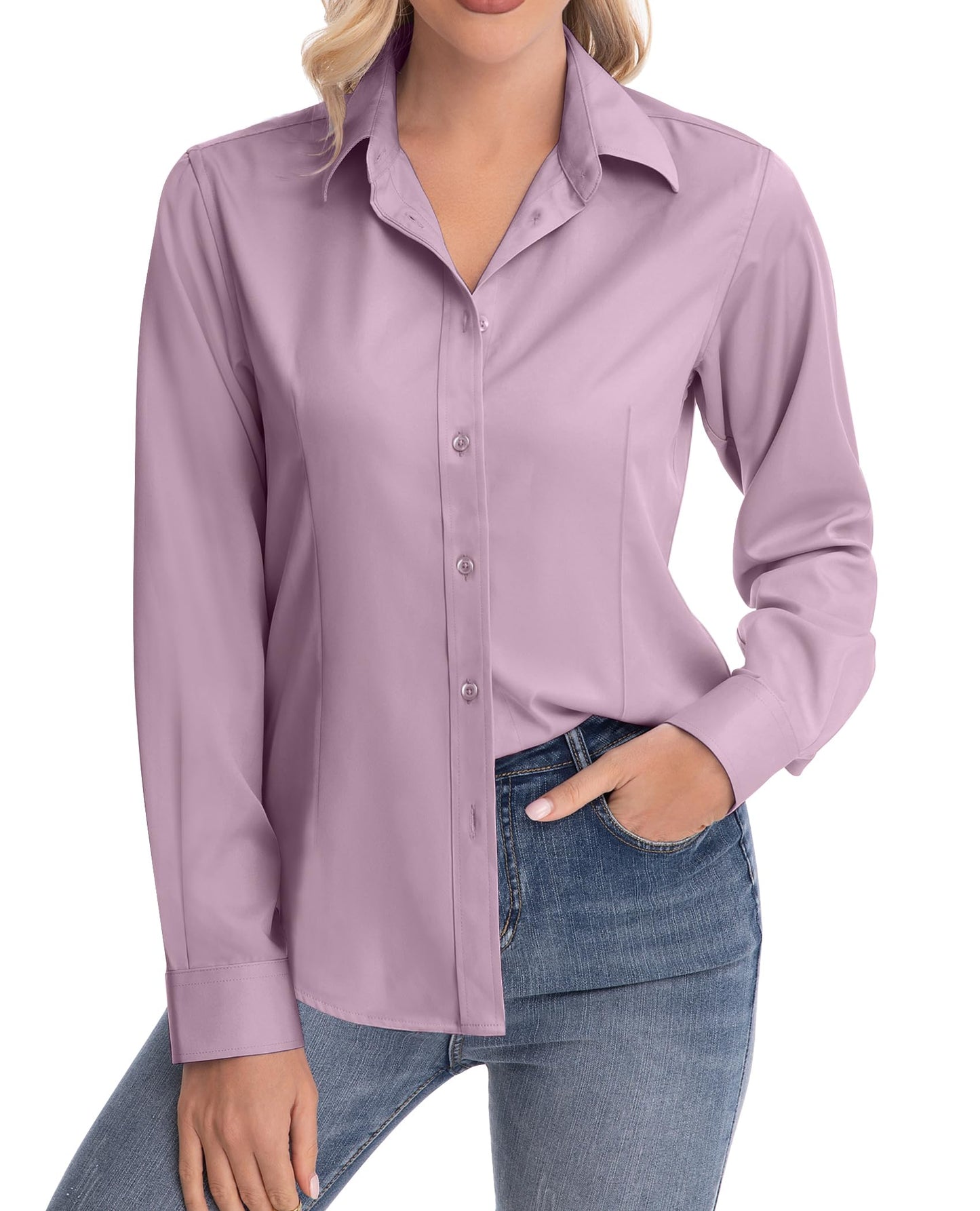 siliteelon Womens Classic-Fit Dress Shirts Long Sleeve Button Down Wrinkle-Free Stretch Solid Casual Work Office Blouse Top