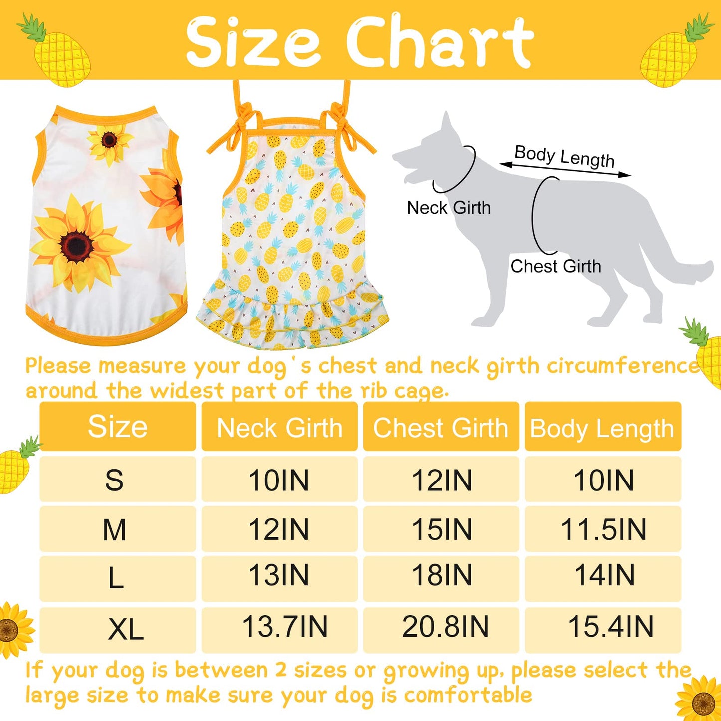 4 Pieces Pet Clothes Set Include 2 Pieces Cute Pet Dress Lovely Fruit Dog Dress and 2 Pieces Dog Shirt Breathable Pet T-Shirt Puppy Clothes for Pet (Pineapple, Sunflower,Medium)