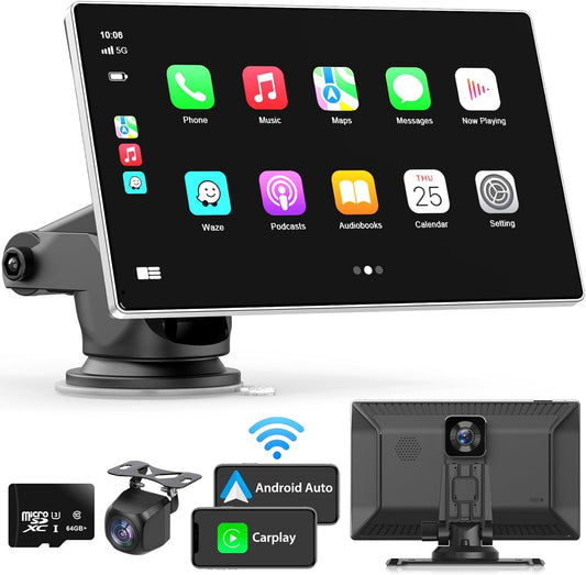 Portable Apple Carplay Screen for Car, 9" Wireless Apple Carplay & Android Auto,4K Dash Cam,1080p Backup Camera DVR,Car Audio Receivers GPS Navigation Mirror Link, Bluetooth,FM, Siri