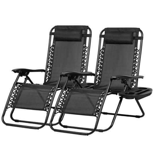 Nazhura Set of 2 Relaxing Recliners Patio Chairs Adjustable Steel Mesh Zero Gravity Lounge Chair Beach Chairs with Pillow and Cup Holder Black