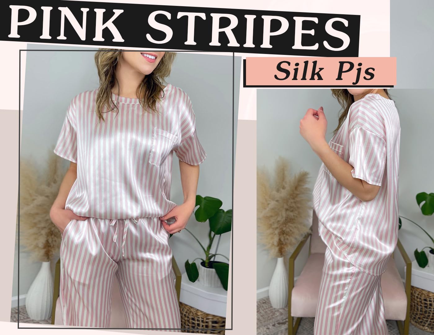 Ekouaer Womens Satin Silky Pajama Set Short Sleeve Shirt with Long Pajama Pant Set Soft PJ Loungewear