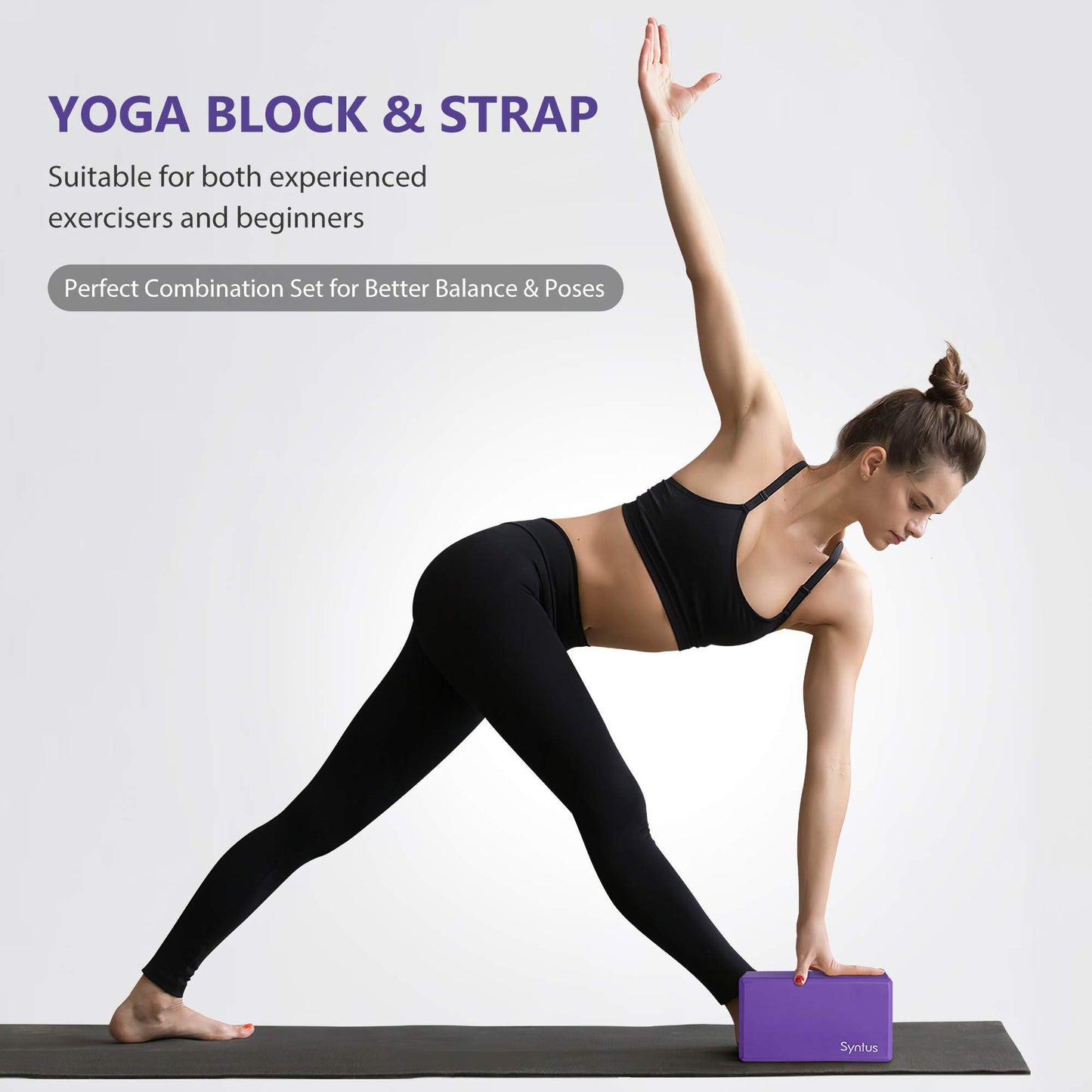 Syntus Yoga Block and Yoga Strap Set, 2 EVA Foam Soft Non-Slip Yoga Blocks 9×6×4 inches, 8FT Metal D-Ring Strap for Yoga, General Fitness, Pilates, Stretching and Toning