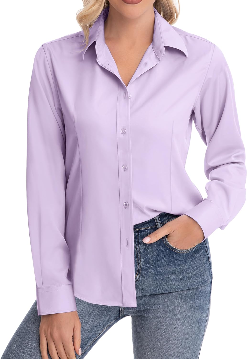 siliteelon Womens Classic-Fit Dress Shirts Long Sleeve Button Down Wrinkle-Free Stretch Solid Casual Work Office Blouse Top