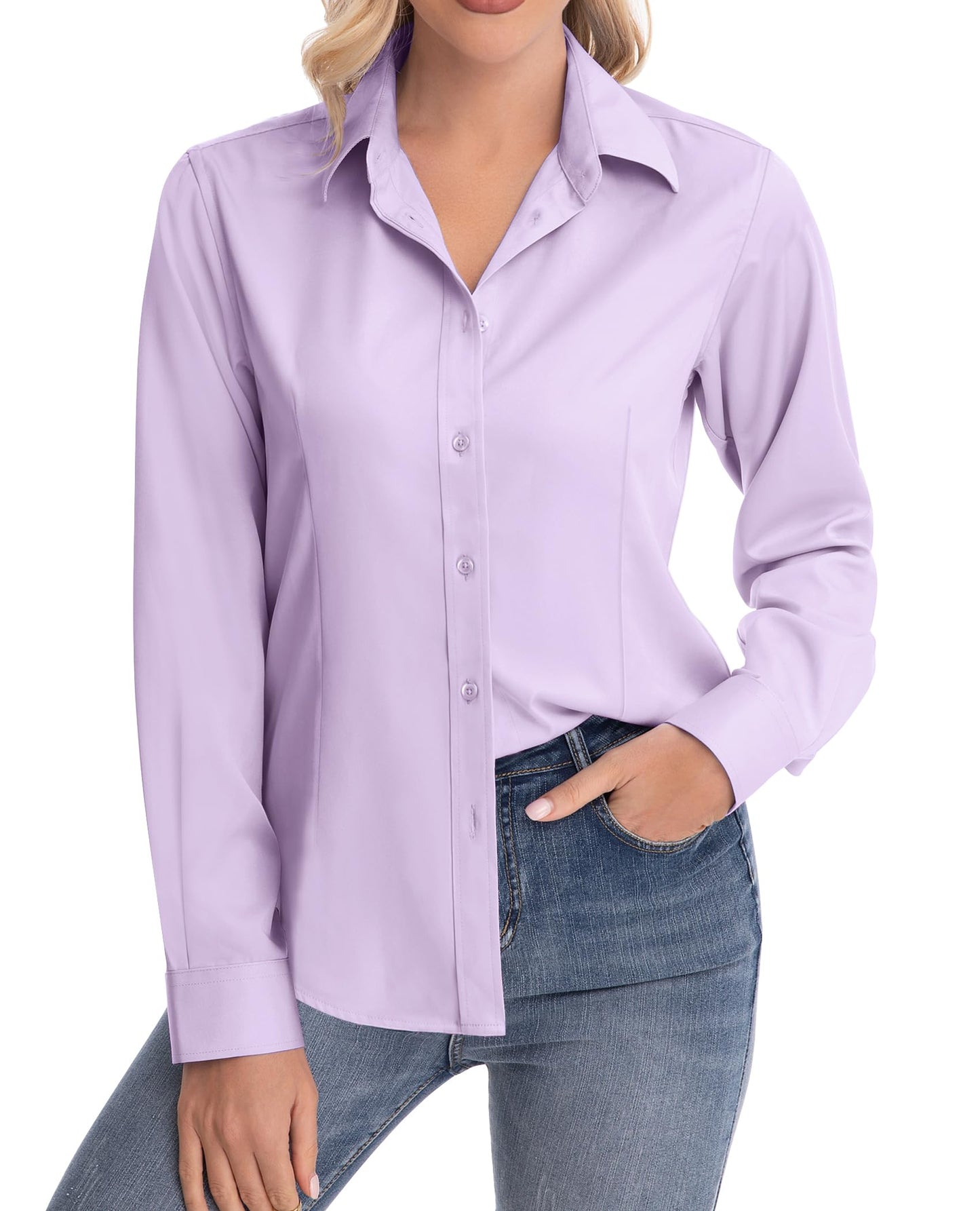 siliteelon Womens Classic-Fit Dress Shirts Long Sleeve Button Down Wrinkle-Free Stretch Solid Casual Work Office Blouse Top