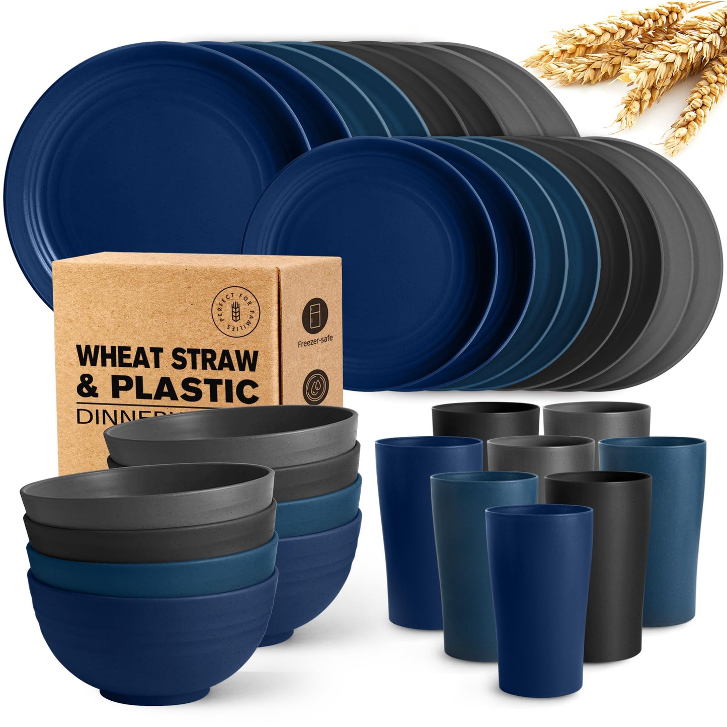 Teivio 32-Piece Kitchen Plastic Wheat Straw Dinnerware Set, Service for 8, Dinner Plates, Dessert Plate, Cereal Bowls, Cups, Unbreakable Colorful Plastic Outdoor Camping Dishes, Black