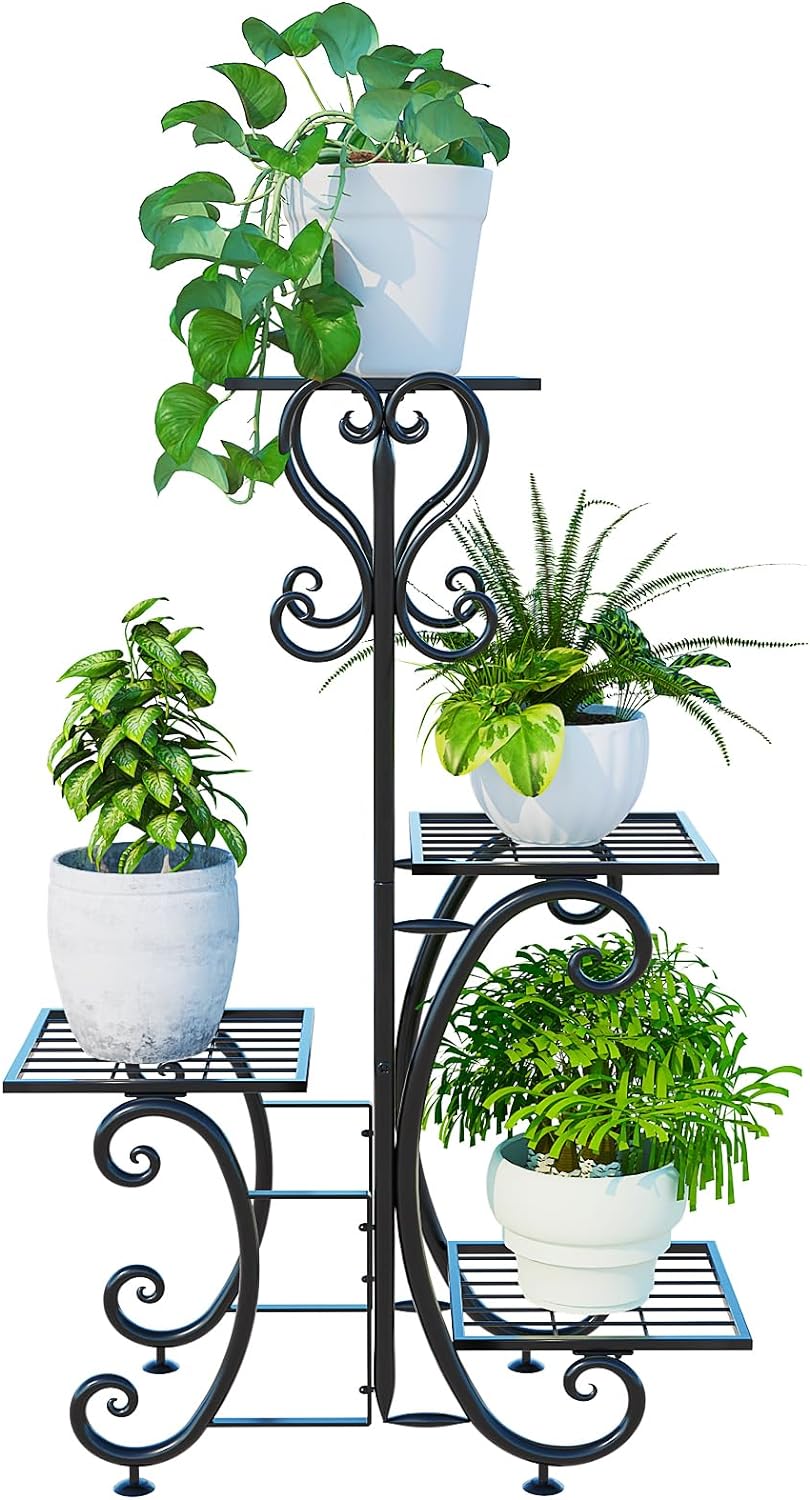 YisanCrafts 4 Tier Metal Plant Shelf , Plant Stand Indoor Outdoor Flower Pot Holder Display Racks - Wrought Iron Corner Multiple Planter Rack Organizer for Garden Patio Lawn Balcony Office Blac