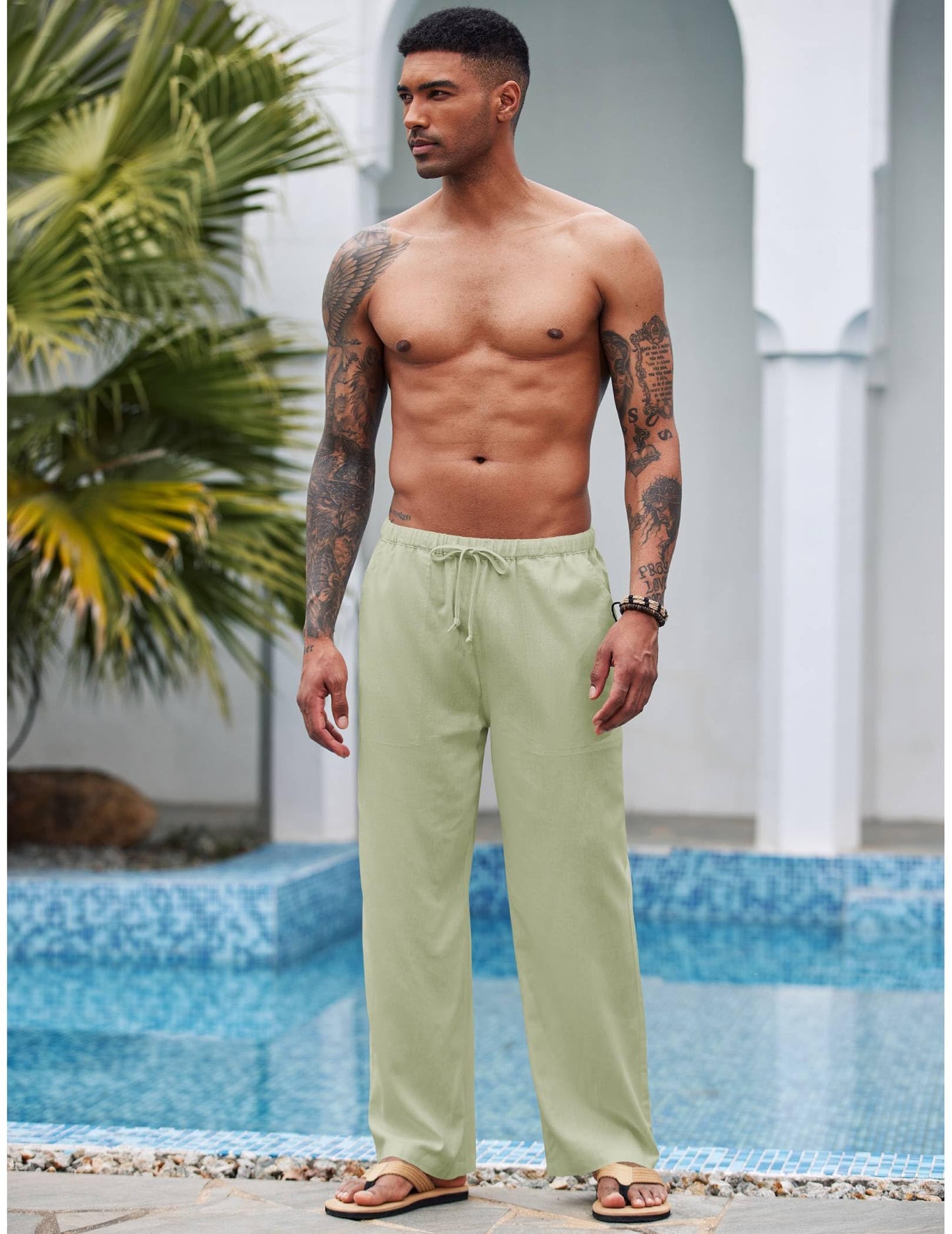 COOFANDY Mens Linen Drawstring Pants Elastic Waist Lightweight Trouser Casual Yoga Summer Beach Pant