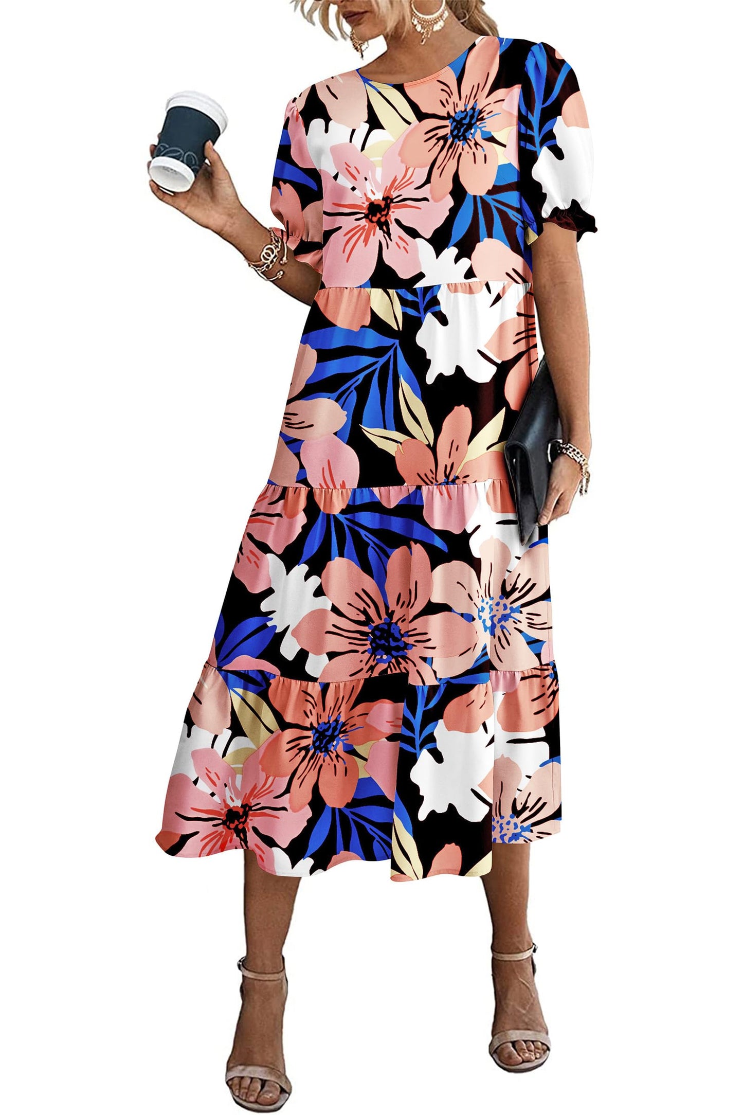 Pretty Garden Womens Summer Casual Boho Dress Floral Print Ruffle Puff Sleeve High Waist Midi