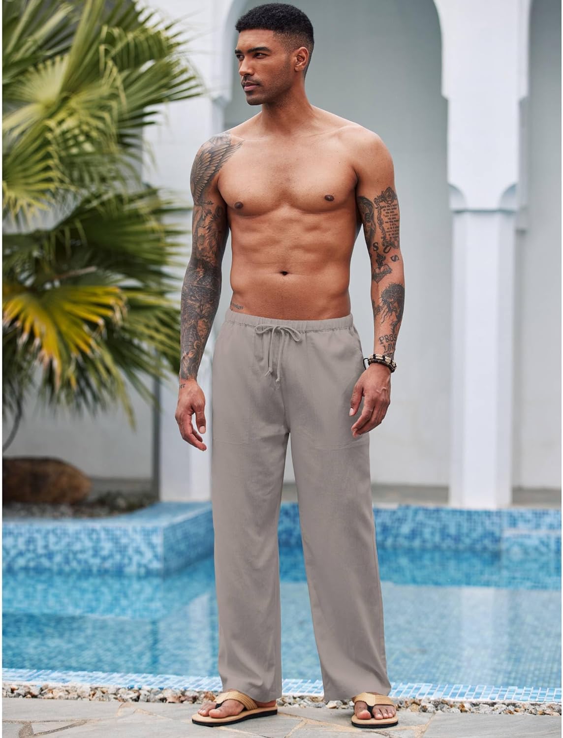 COOFANDY Mens Linen Drawstring Pants Elastic Waist Lightweight Trouser Casual Yoga Summer Beach Pant