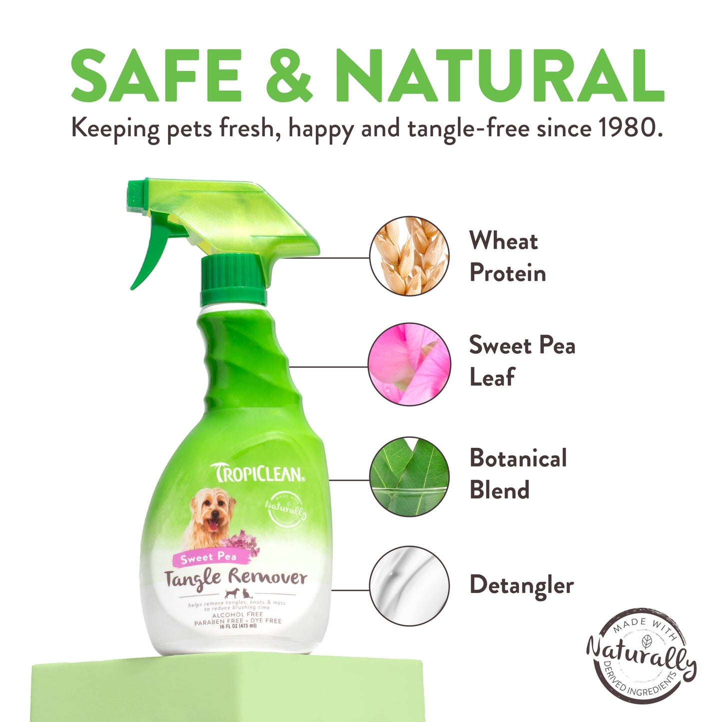 TropiClean Sweet Pea Cat & Dog Detangler Spray Dematting | Dog Conditioner Spray Derived from Natural Ingredients | Made in the USA | 16 oz.