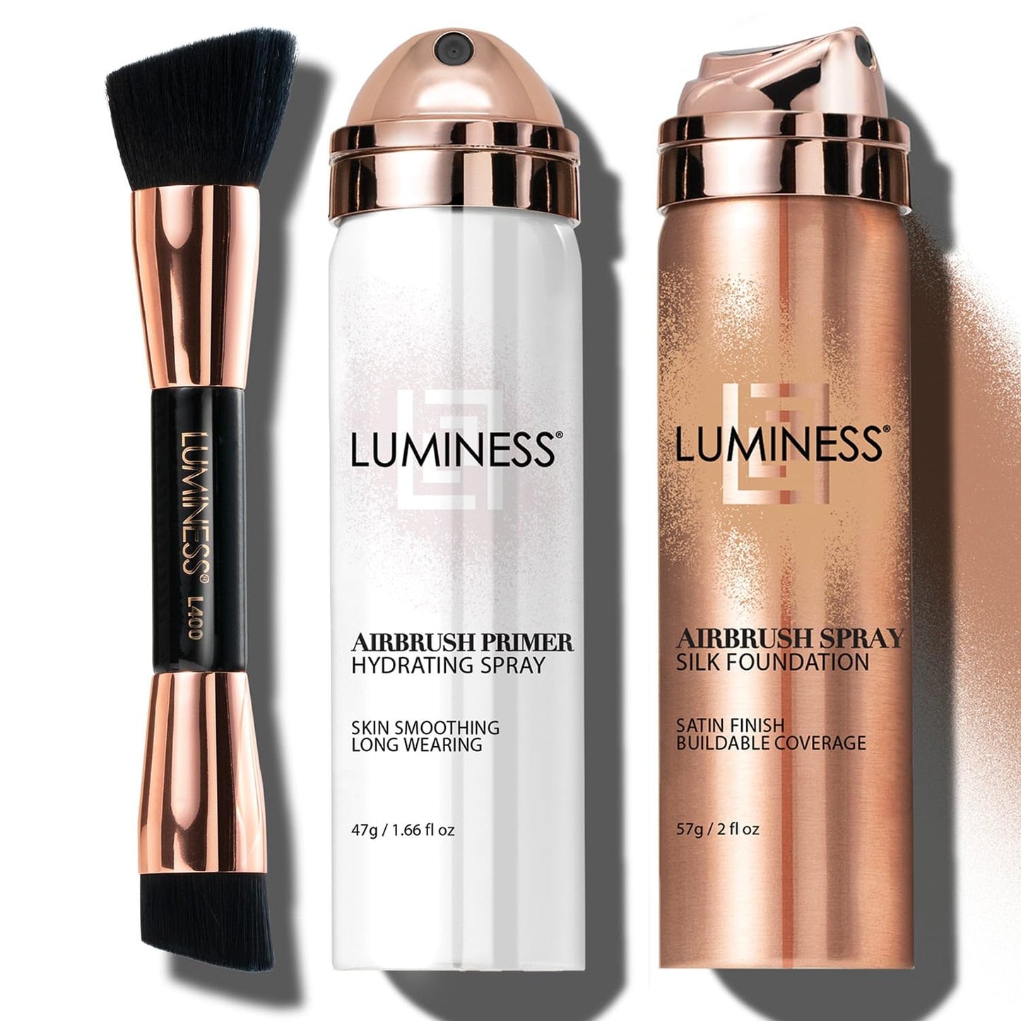 LUMINESS Airbrush Spray Silk Foundation Starter Kit - Medium Dark - Foundation, Primer & Dual-Sided Angled Buffing Brush - Medium, Buildable Coverage, Anti-Aging Formula Hydrates & Moisturizes